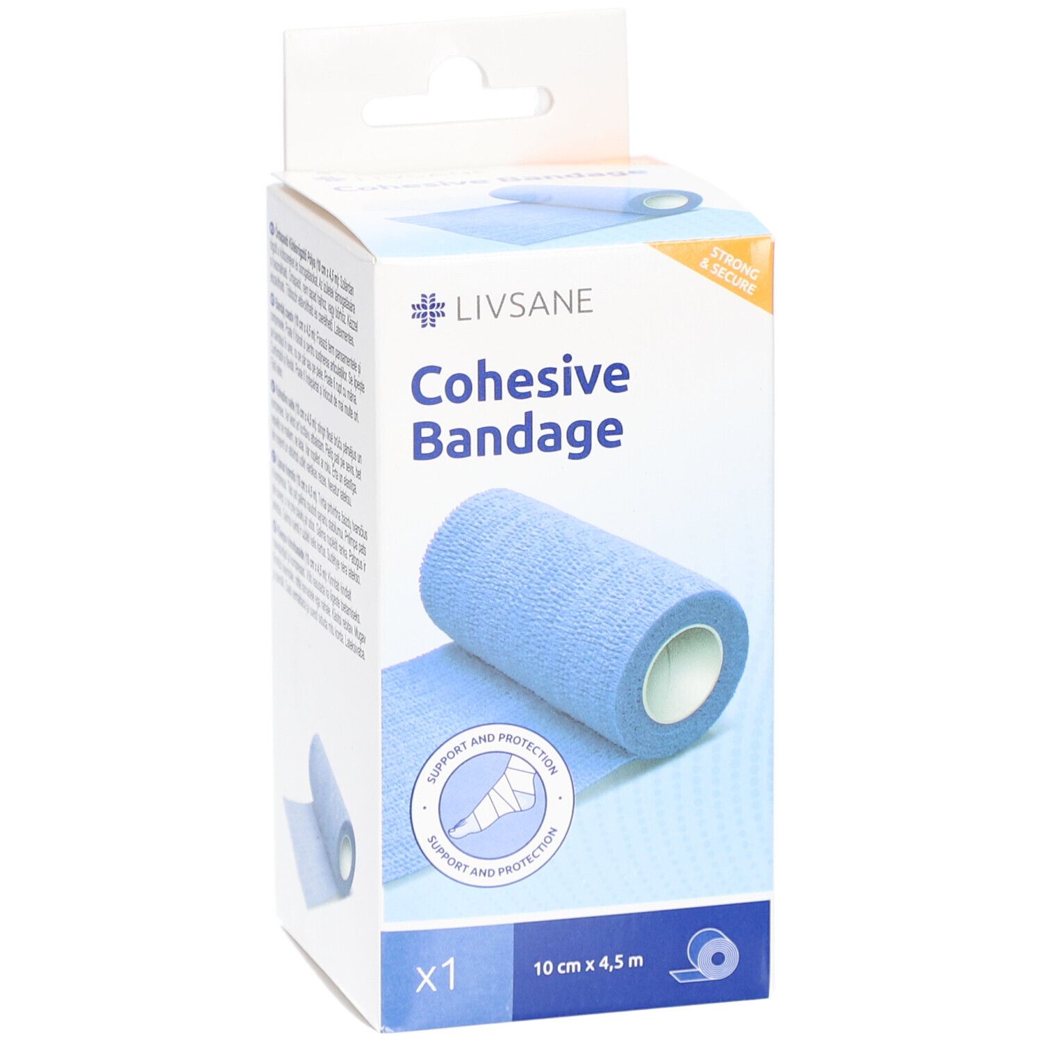 Verpackung der blauen Fixierbinde. Aufschrift: LIVSANE Cohesive Bandage, 10 cm x 4,5 m. CE-Zeichen. Produktabbildung.