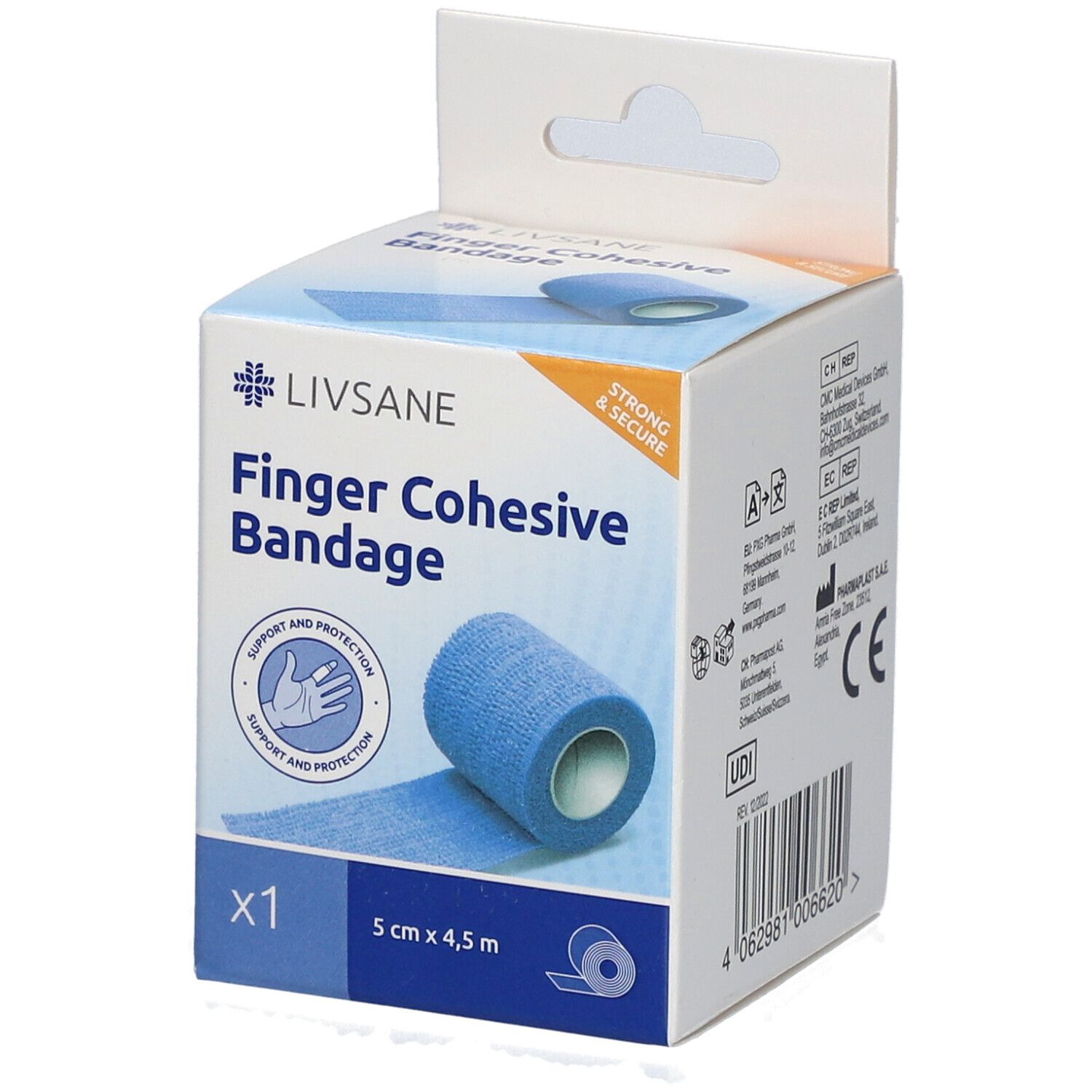 Blaues LIVSANE Fingerpflaster in Verpackung. Aufdruck: Finger Cohesive Bandage, 5 cm x 4,5 m. Mit CE-Kennzeichnung.
