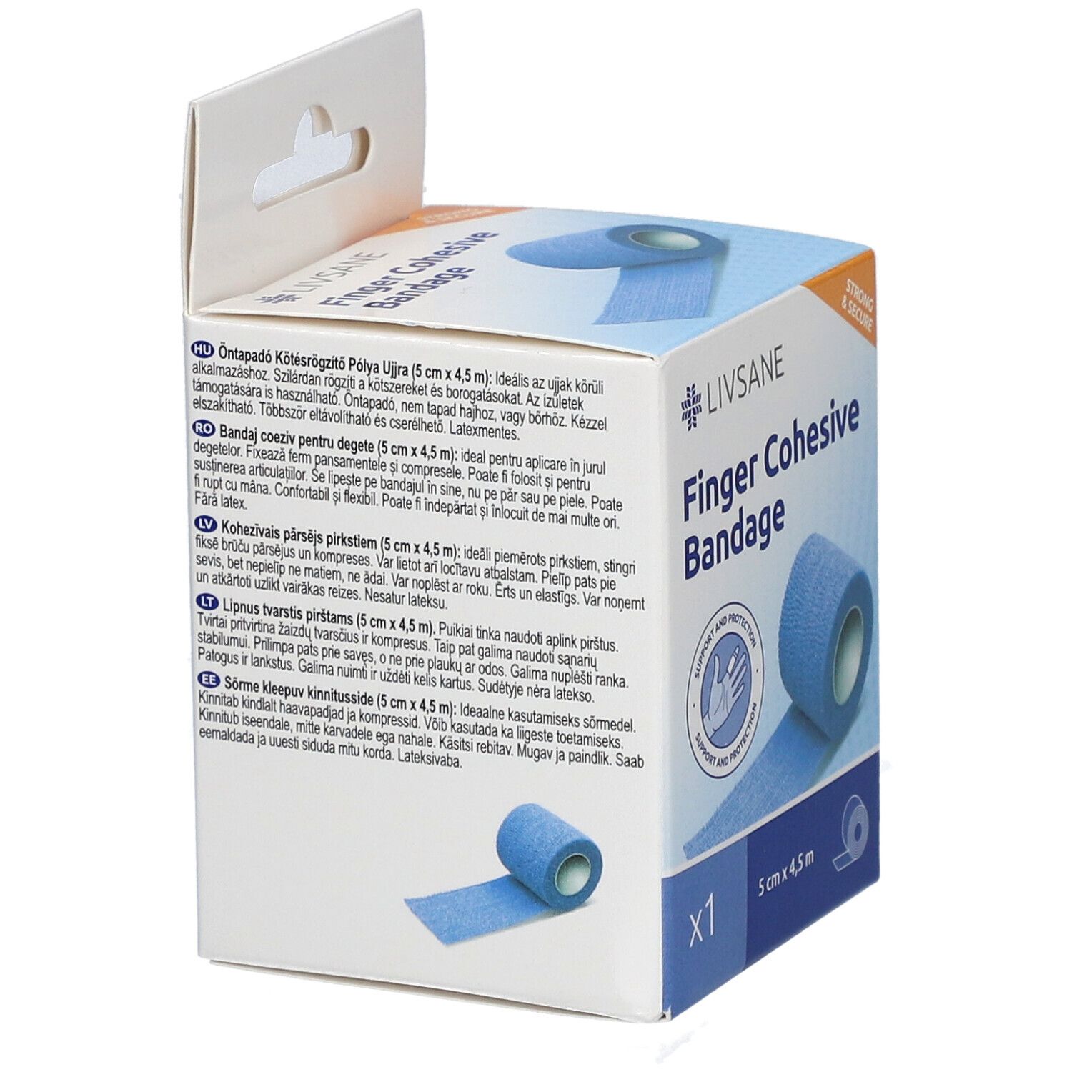 Verpackung mit blauem LIVSANE Fingerpflaster. Mehrsprachige Texte. Aufdruck: Finger Cohesive Bandage, 5 cm x 4,5 m.