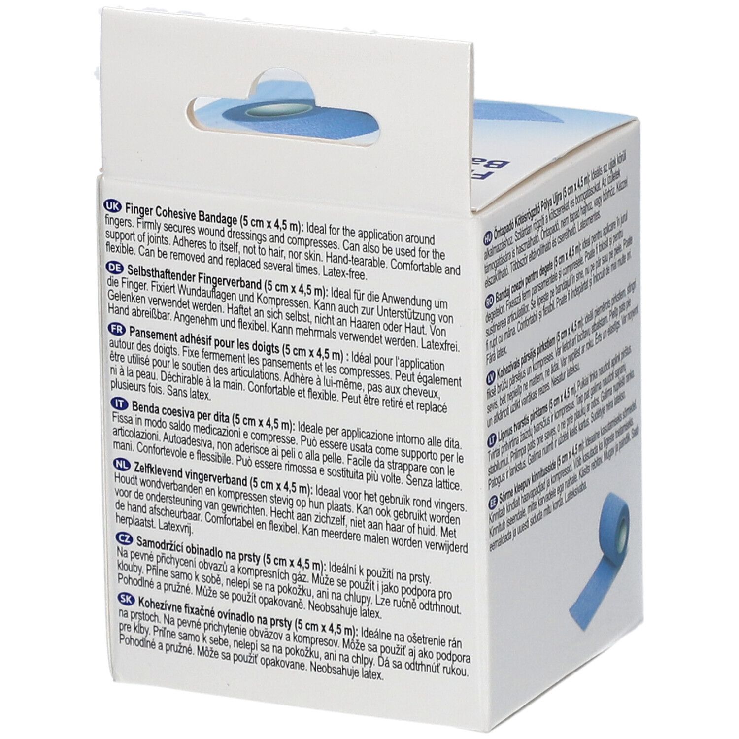 Rückseite der Verpackung mit mehrsprachigen Texten. Informationen zum Fingerpflaster, 5 cm x 4,5 m.