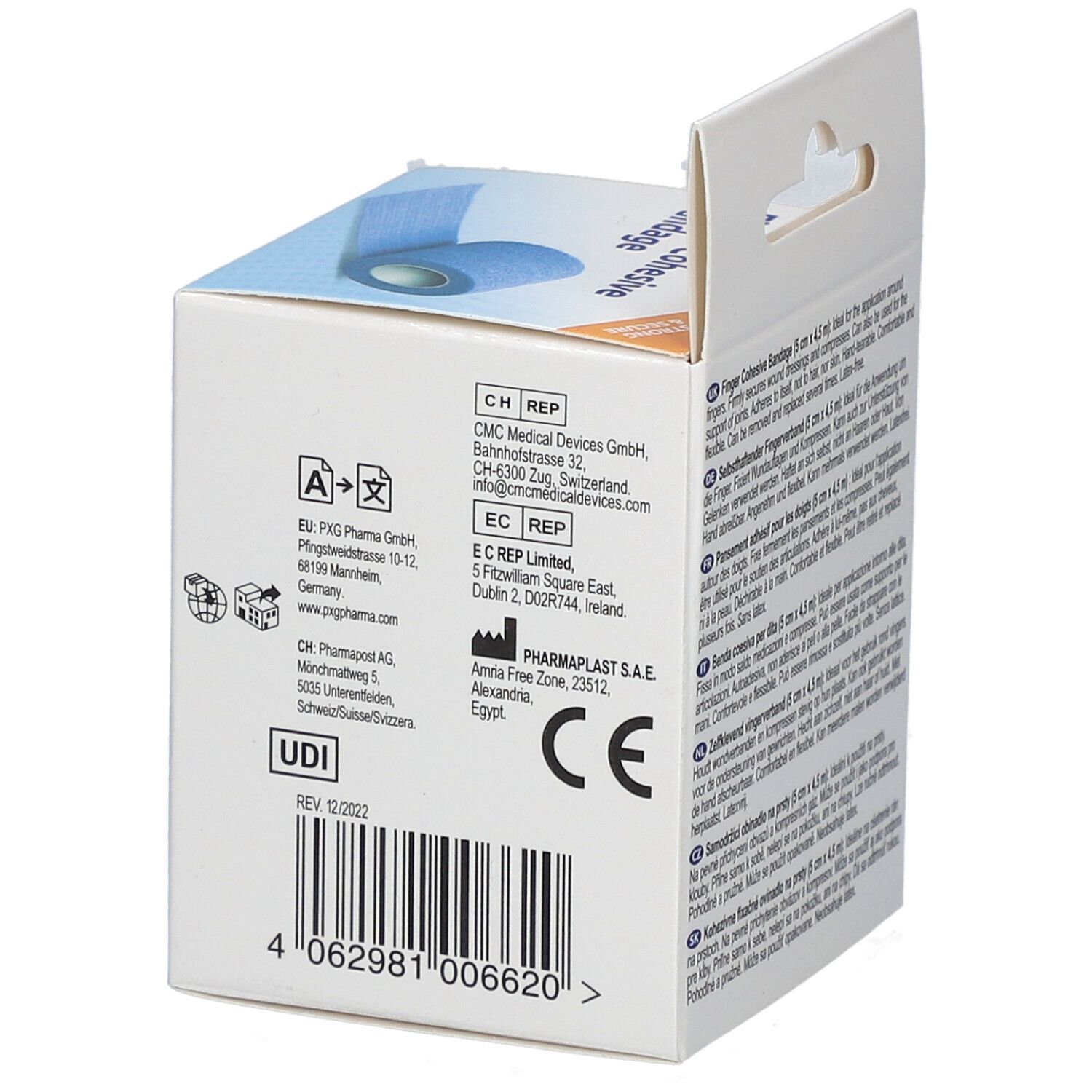 Rückseite der Verpackung mit Informationen. Herstellerangaben, UDI-Code und CE-Kennzeichnung.