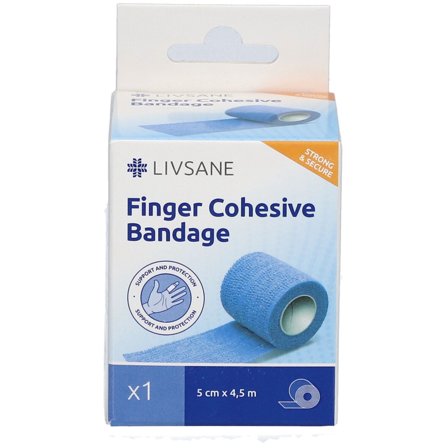 Vorderansicht der Verpackung mit blauem Fingerpflaster. Aufdruck: Finger Cohesive Bandage, 5 cm x 4,5 m.