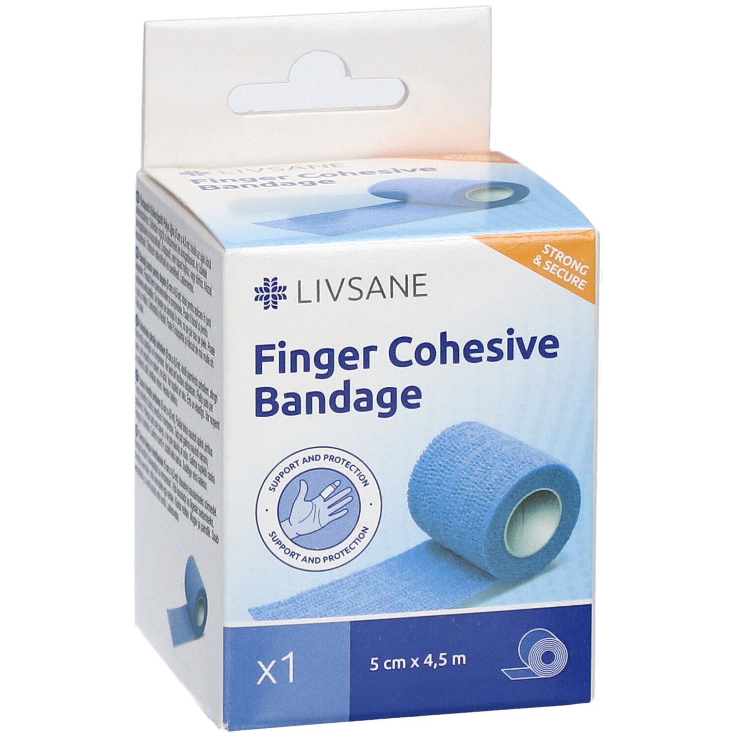 Verpackung mit blauem Fingerpflaster. Aufdruck: Finger Cohesive Bandage, 5 cm x 4,5 m. Mit CE-Kennzeichnung.