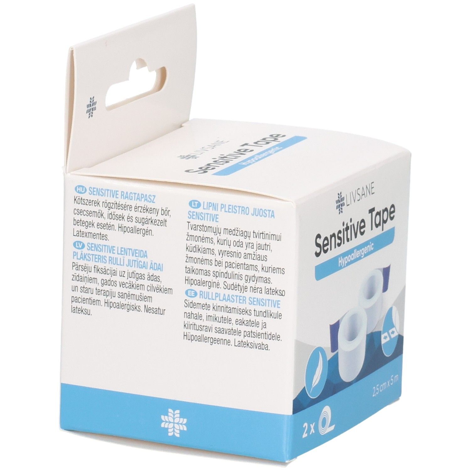 Rückseite der Verpackung von LIVSANE Sensitive Tape. Enthält Text in verschiedenen Sprachen. CE-Kennzeichnung.