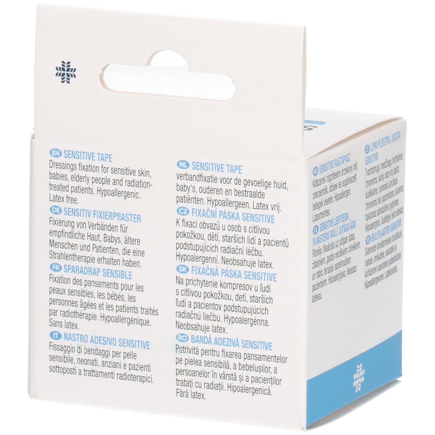 Rückseite der Verpackung von LIVSANE Sensitive Tape. Text in verschiedenen Sprachen. CE-Kennzeichnung.