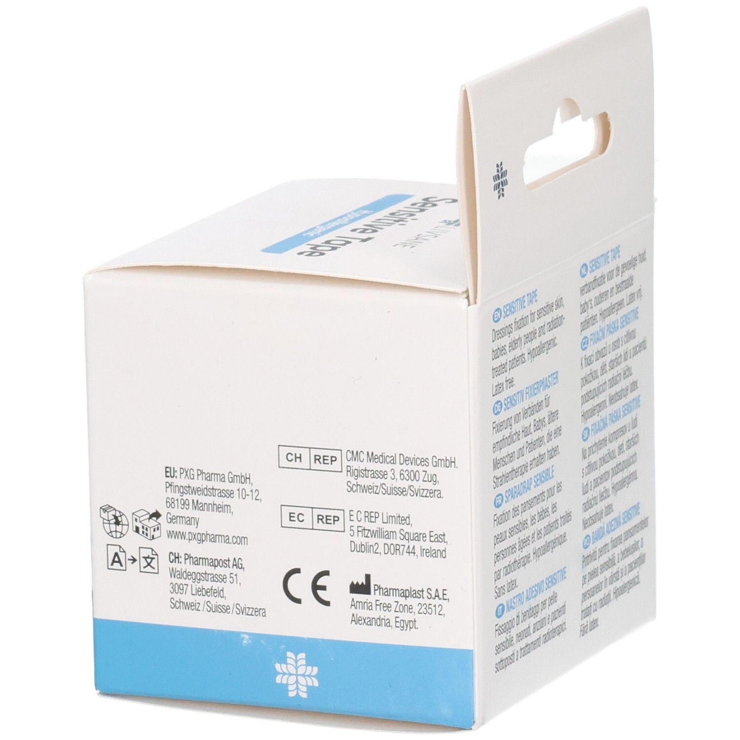 Rückseite der Verpackung von LIVSANE Sensitive Tape. Barcode, UDI-Code, MD-Symbol, Temperaturhinweis.