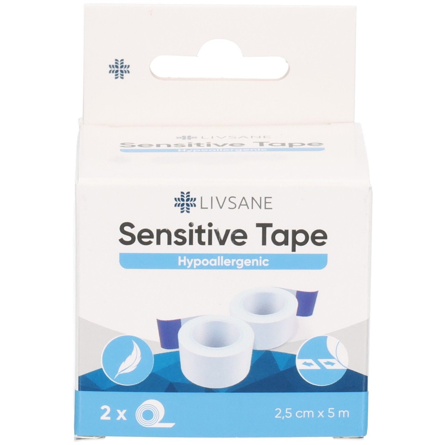 Verpackung von LIVSANE Sensitive Tape. Enthält zwei Rollen. Aufdrucke: Sensitive Tape, 2,5 cm x 5 m, hypoallergen.