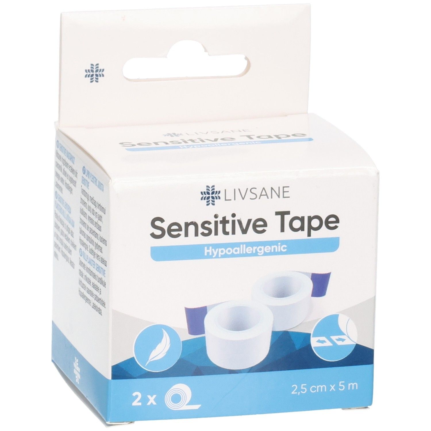 Verpackung von LIVSANE Sensitive Tape. Enthält zwei Rollen. Aufdrucke: Sensitive Tape, 2,5 cm x 5 m, hypoallergen.
