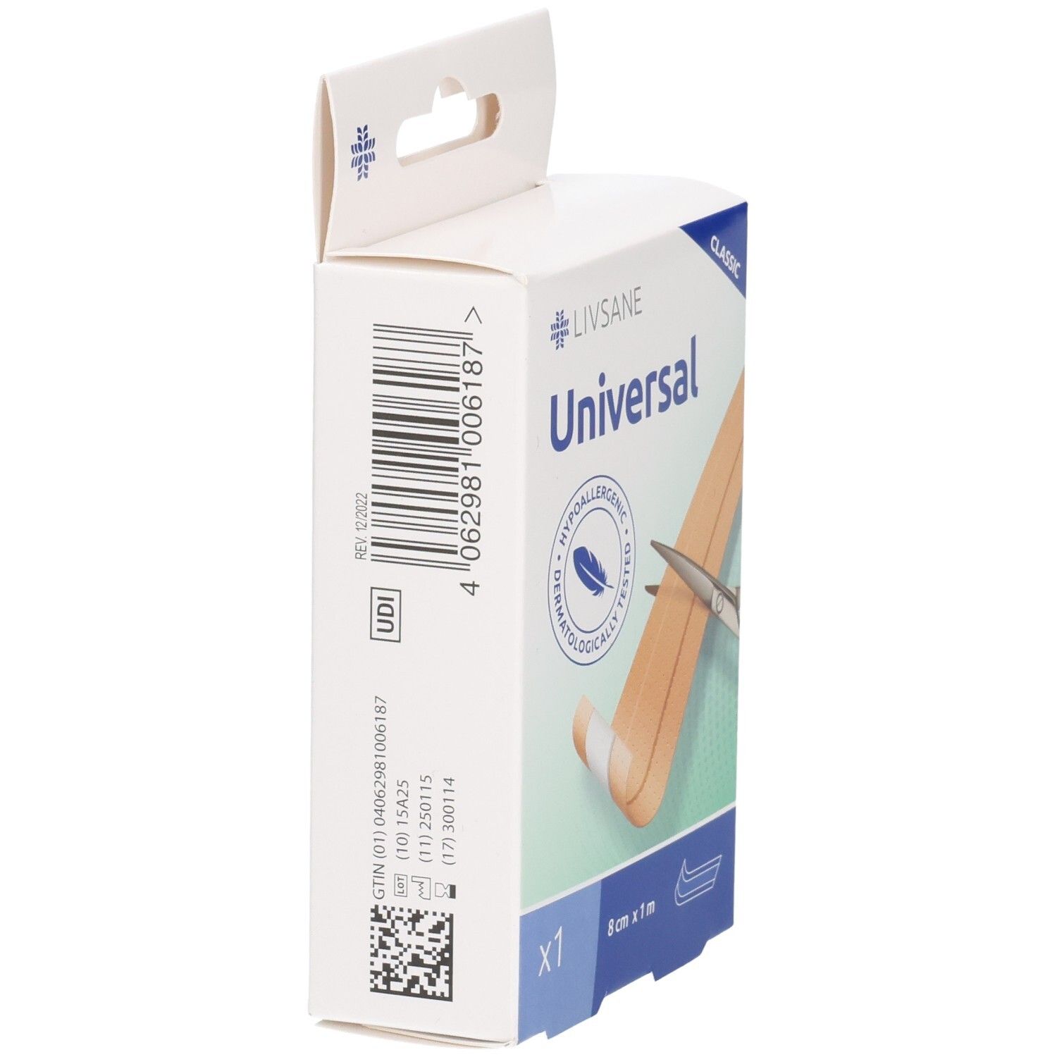 Seitenansicht der Verpackung mit LIVSANE Universal Pflaster. Größe 8 cm x 1 m. Mit Barcode und UDI-Code.