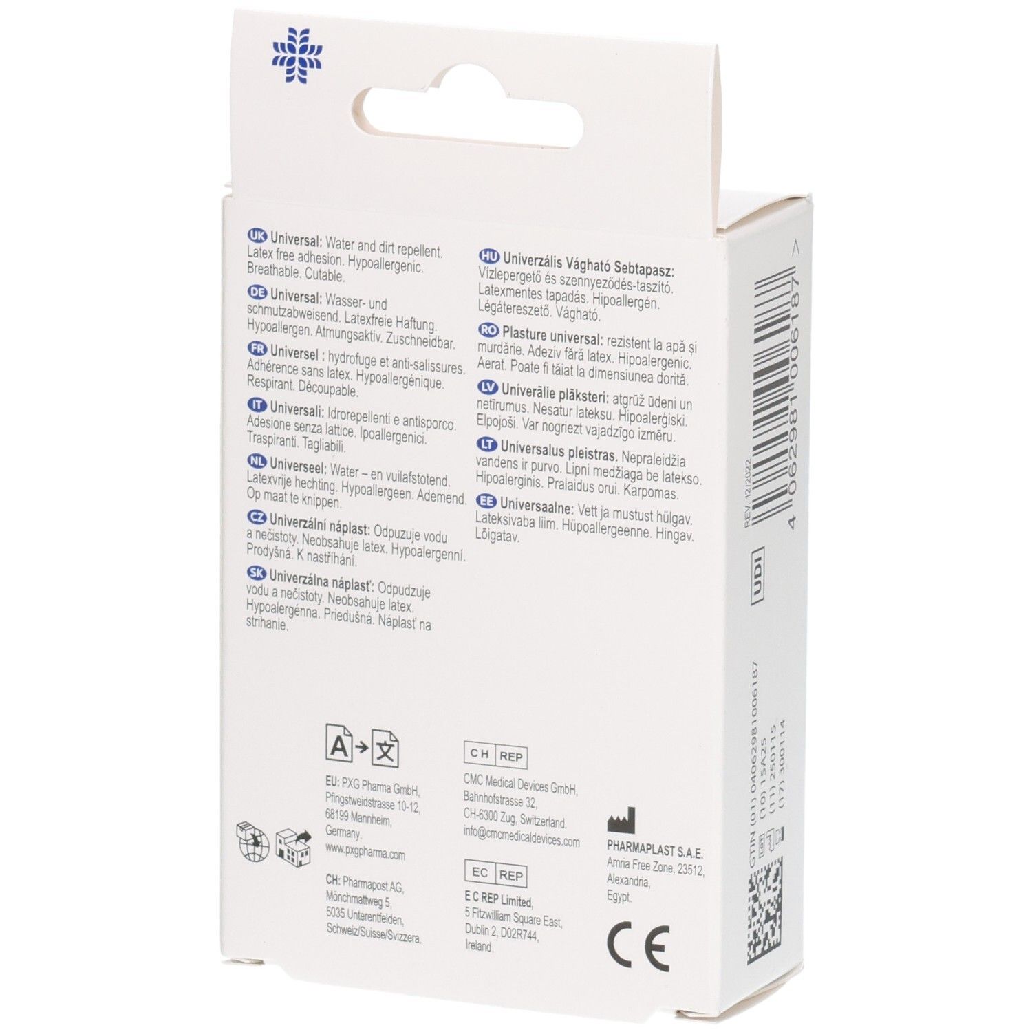 Rückseite der Verpackung mit Text in verschiedenen Sprachen. Enthält Informationen zu LIVSANE Universal Pflaster.