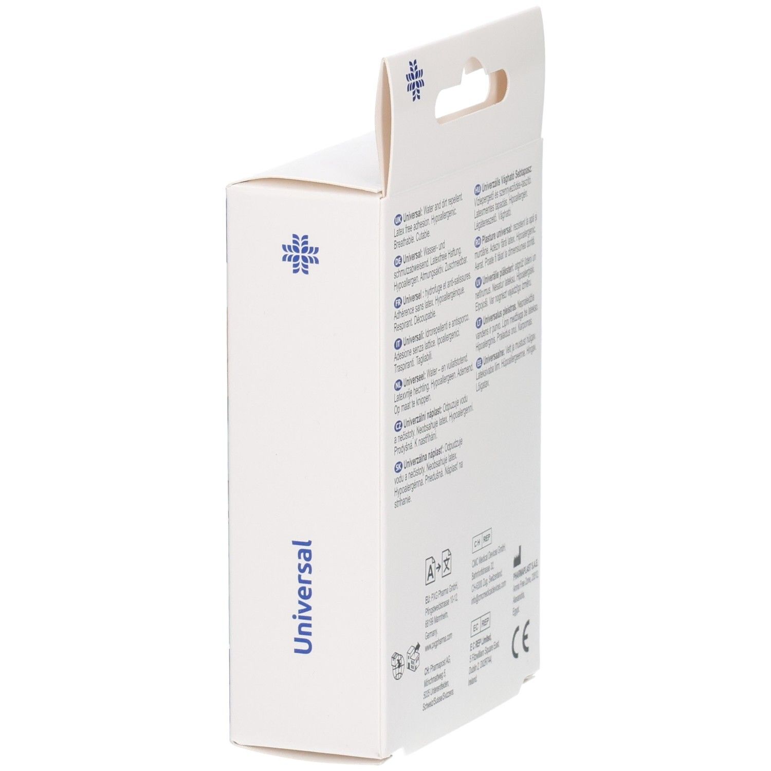 Seitenansicht der Verpackung mit LIVSANE Universal. Enthält Text und Logos. Mit CE-Kennzeichnung.