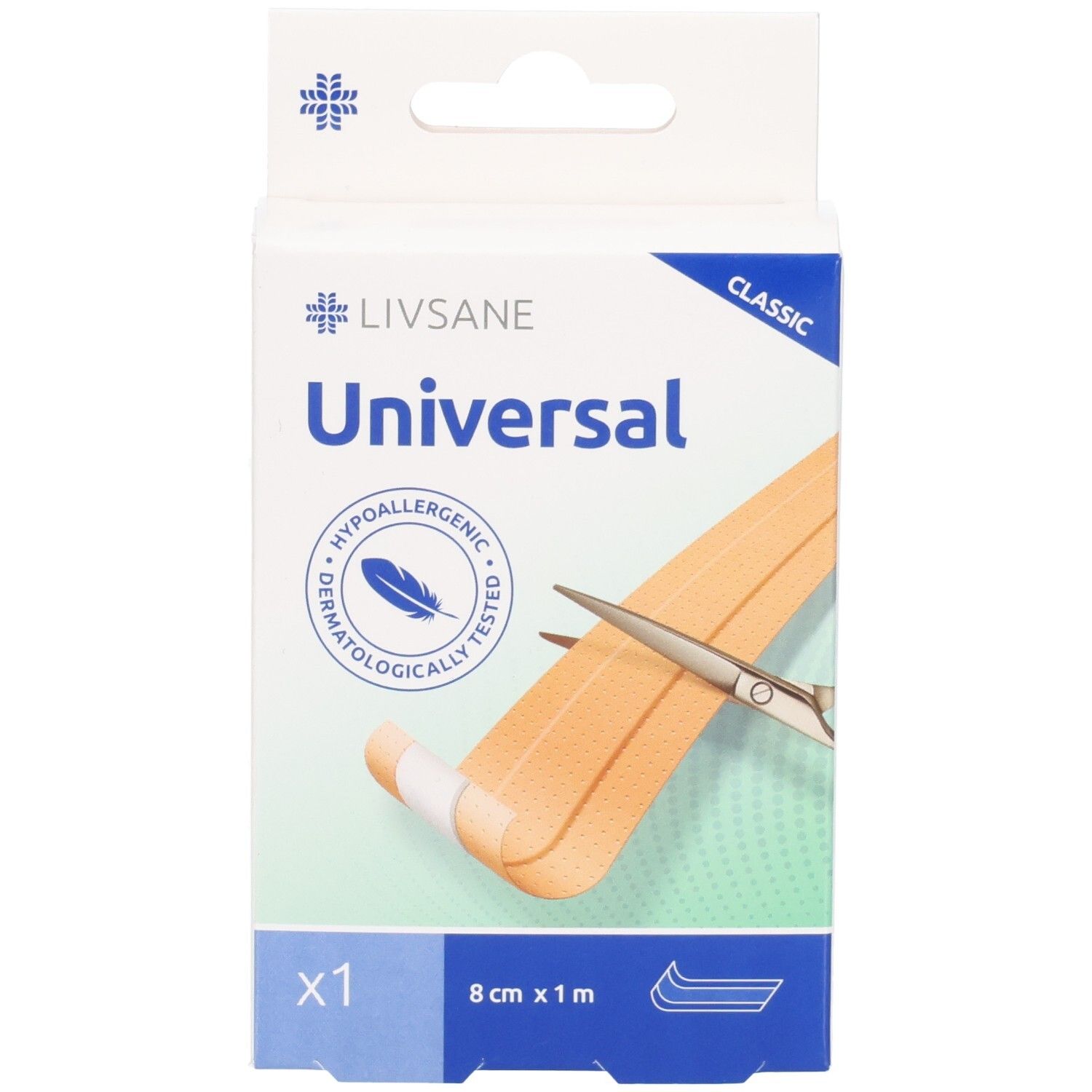 Verpackung mit LIVSANE Universal Pflaster. Größe 8 cm x 1 m. Dermatologisch getestet. Mit Schere und Pflasterstreifen.