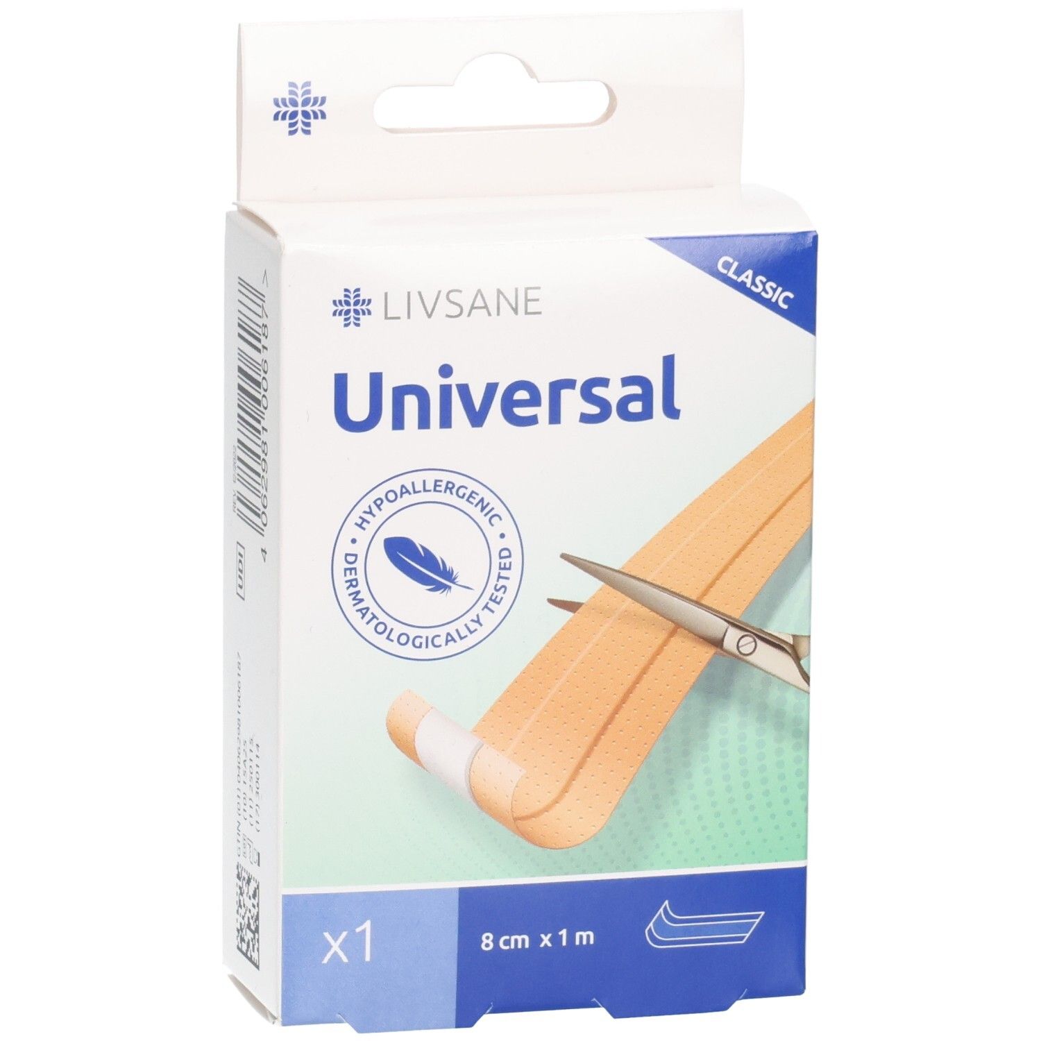 Verpackung mit LIVSANE Universal Pflaster. Größe 8 cm x 1 m. Dermatologisch getestet. Mit Schere und Pflasterstreifen.