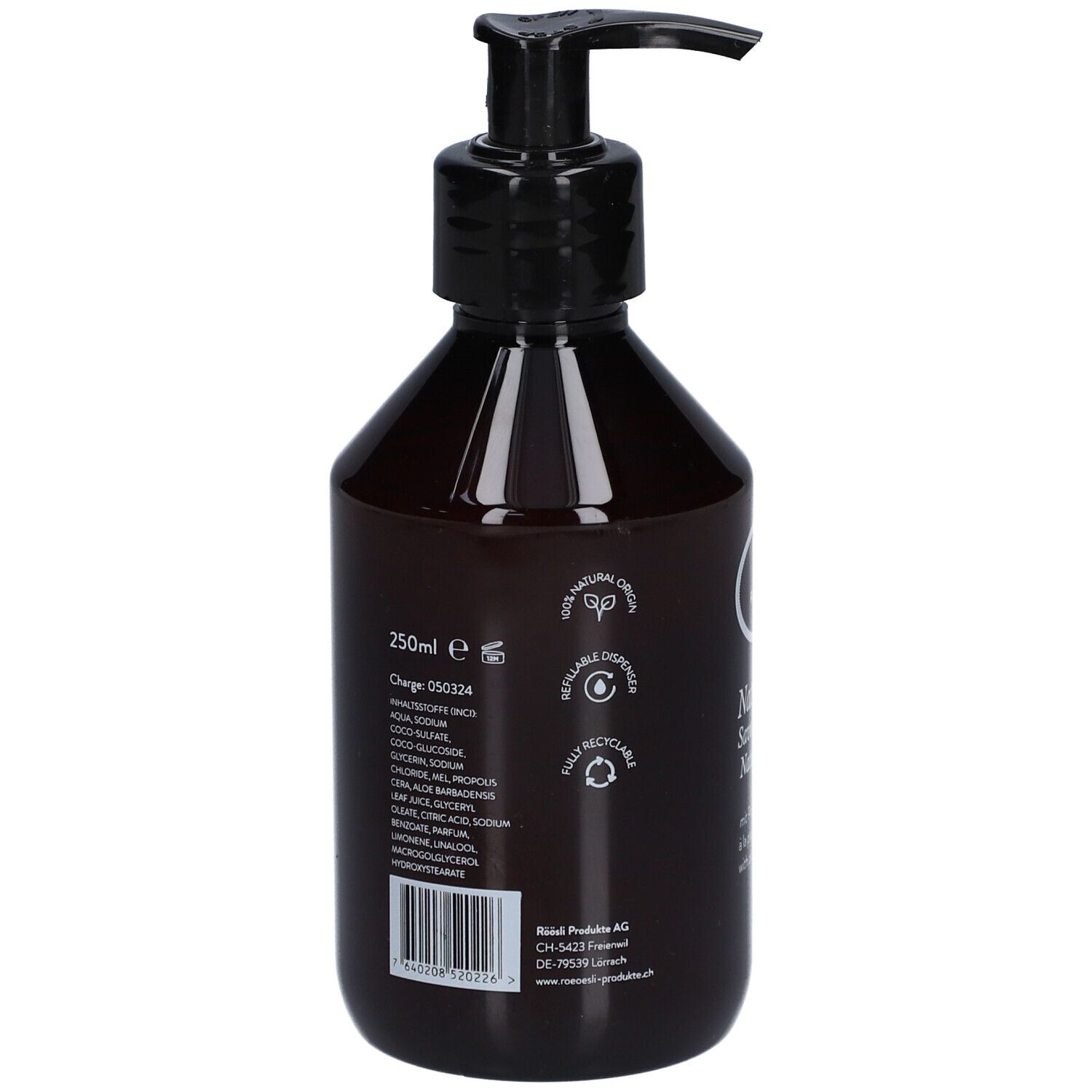 Dos du flacon brun. Contient ingrédients, 250ml, symboles de recyclage, code-barres, adresse du fabricant.
