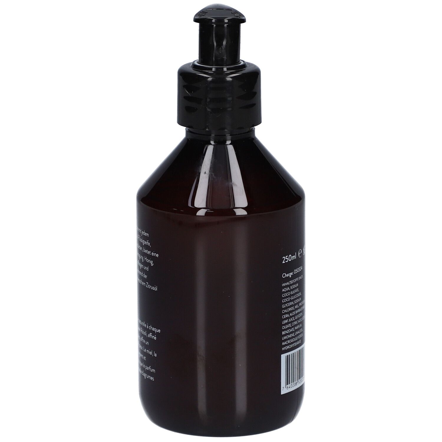 Vue arrière du flacon brun. Contient ingrédients, 250ml, adresse du fabricant.