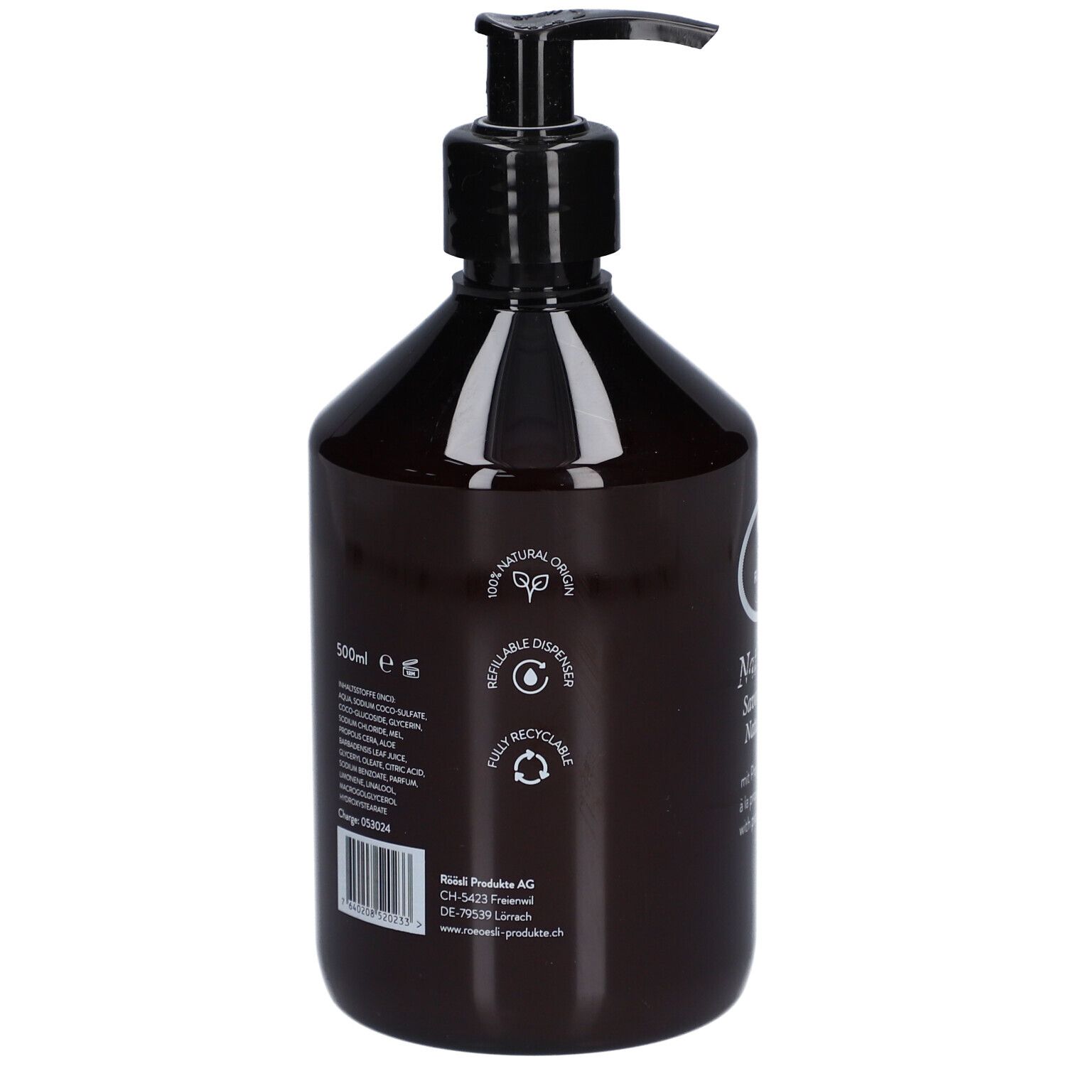 Dos du flacon brun avec pompe noire. Texte: 100% origine naturelle, rechargeable, recyclable. Ingrédients et fabricant.