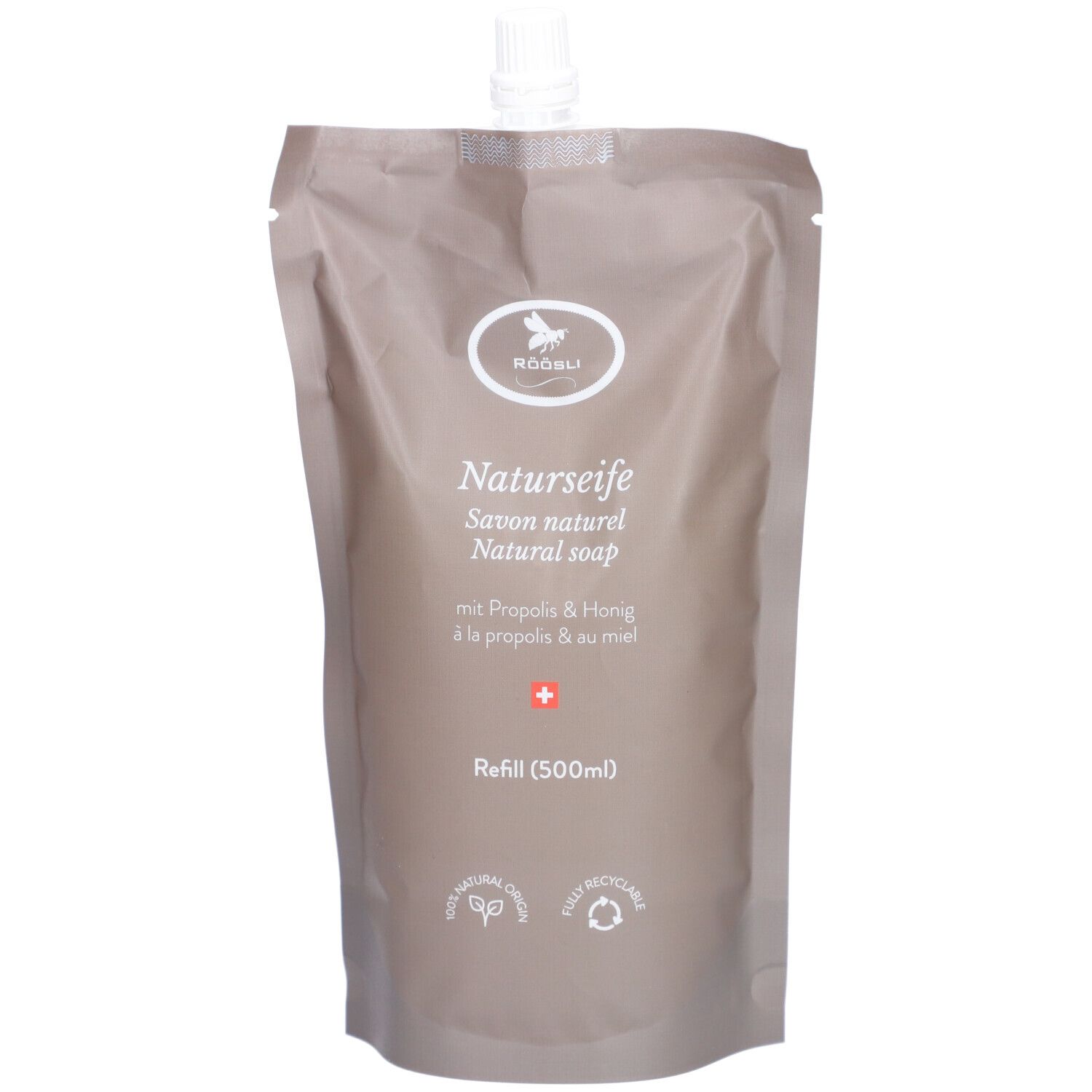 Recharge de savon naturel avec bouchon à vis. Emballage beige avec nom du produit et logo. Contient de la propolis et du miel.