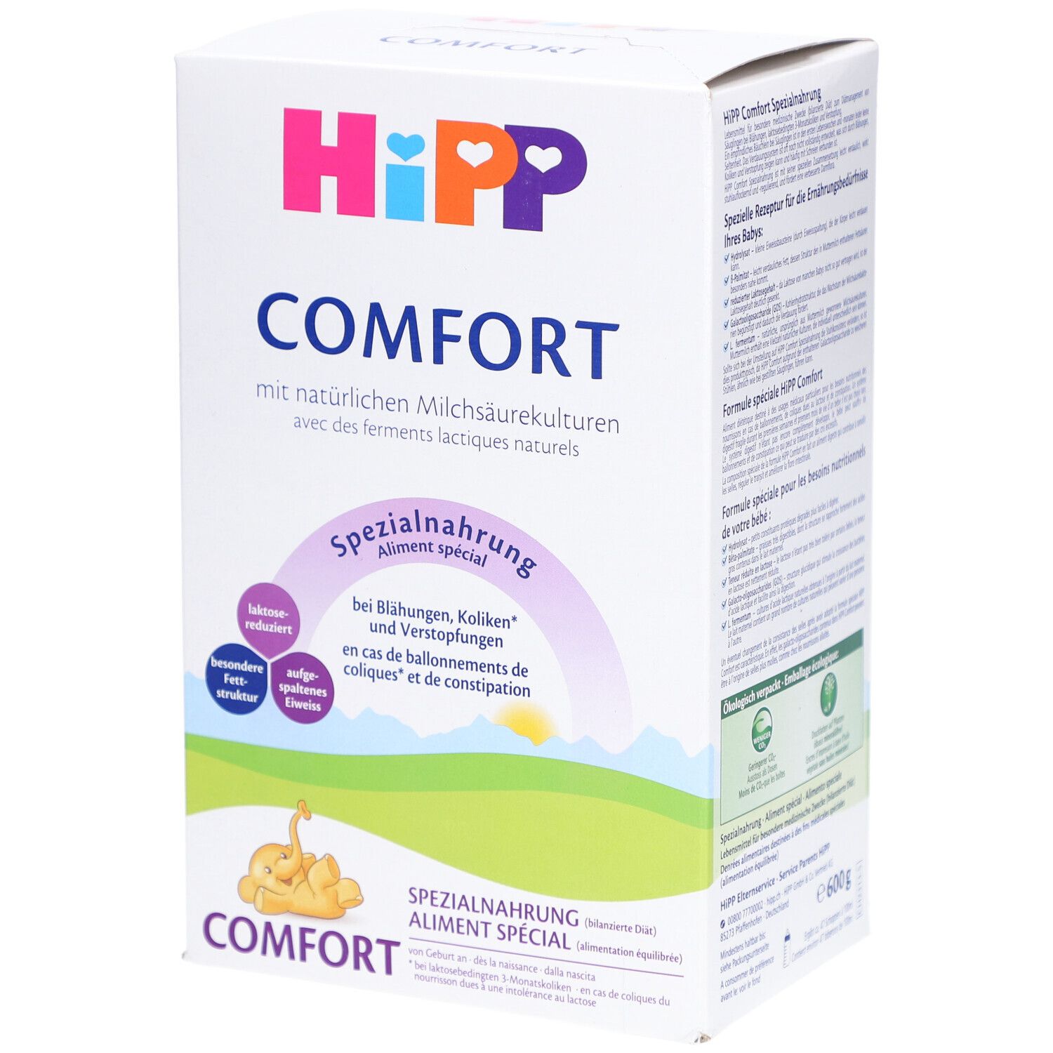 HiPP Comfort Spezialnahrung-Packung. Weiß, mit Logo und Produktbezeichnungen. Text in Deutsch und Französisch. Abbildung eines Babys.