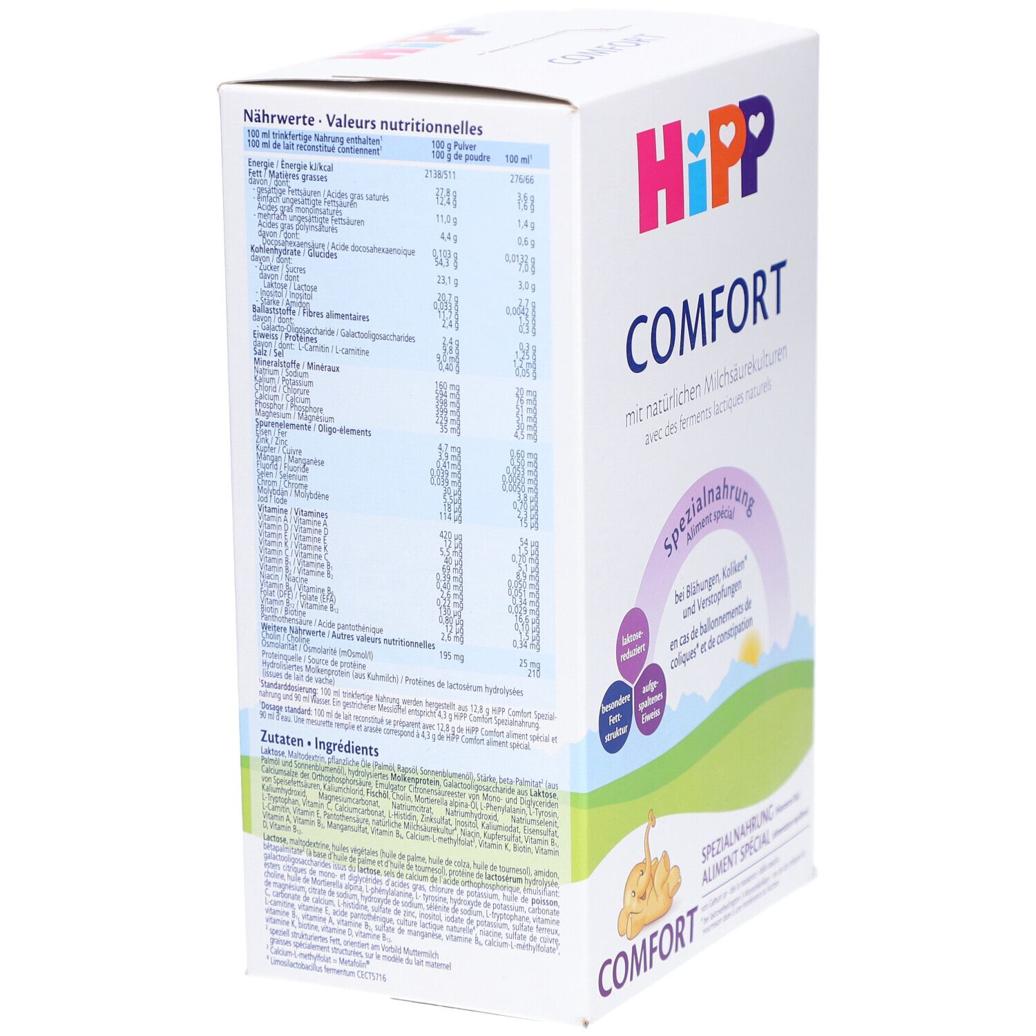 HiPP Comfort Spezialnahrung-Packung, Seitenansicht. Enthält Nährwertangaben und Zutatenlisten. Text in Deutsch und Französisch.