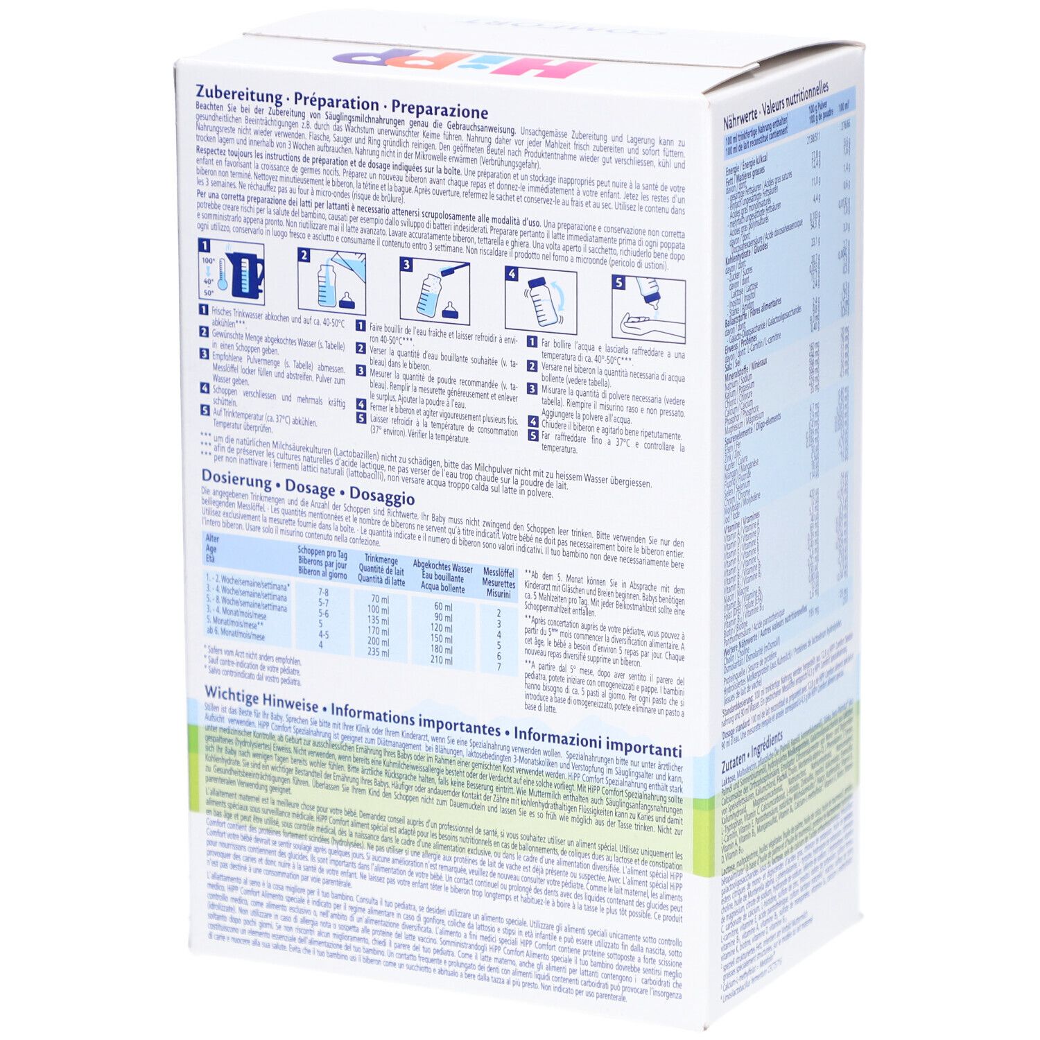 Rückseite der HiPP Comfort Spezialnahrung-Packung. Anleitung zur Zubereitung und Dosierung. Text in Deutsch und Französisch.