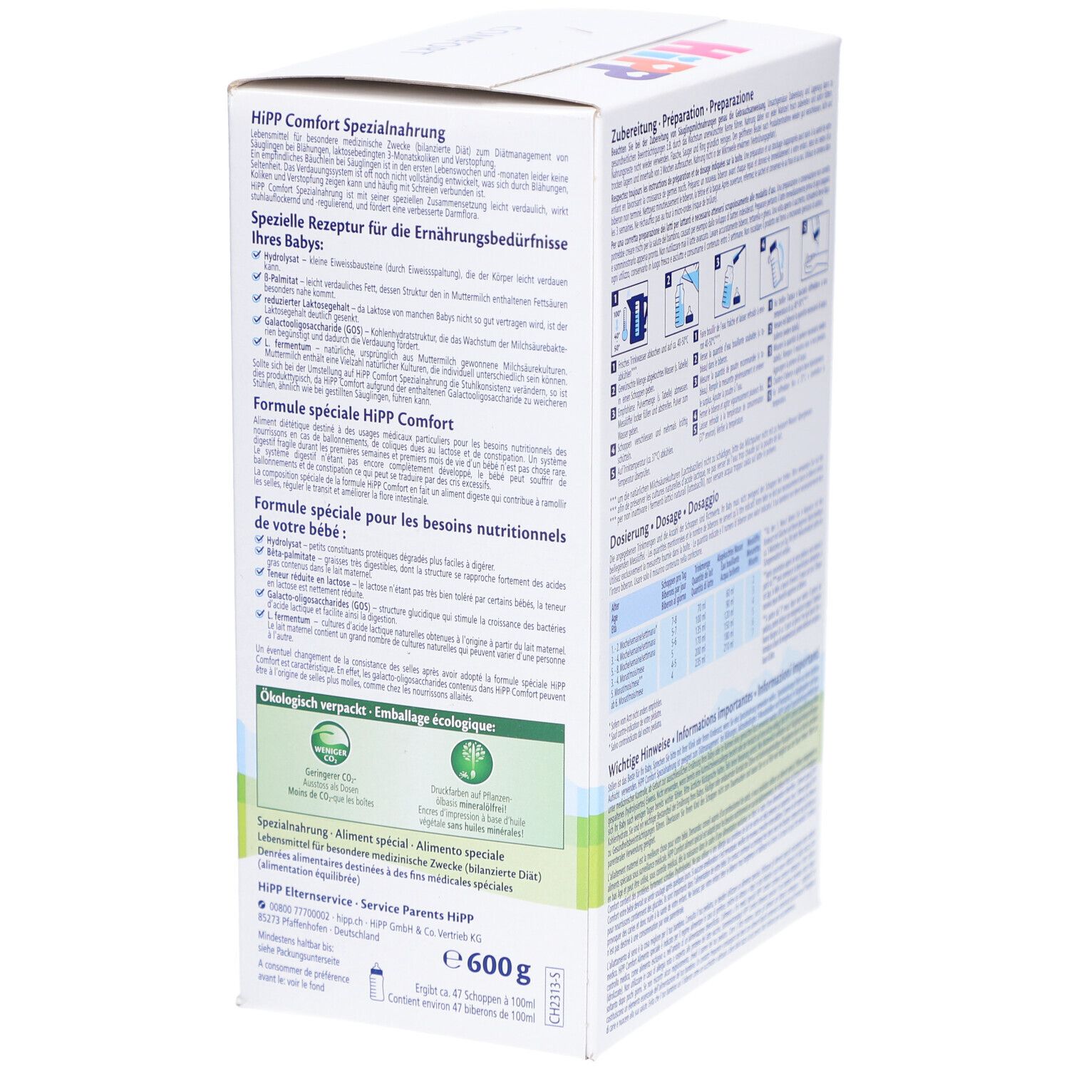 Rückseite der HiPP Comfort Spezialnahrung-Packung. Text über die spezielle Rezeptur. Text in Deutsch und Französisch. Öko-Siegel.