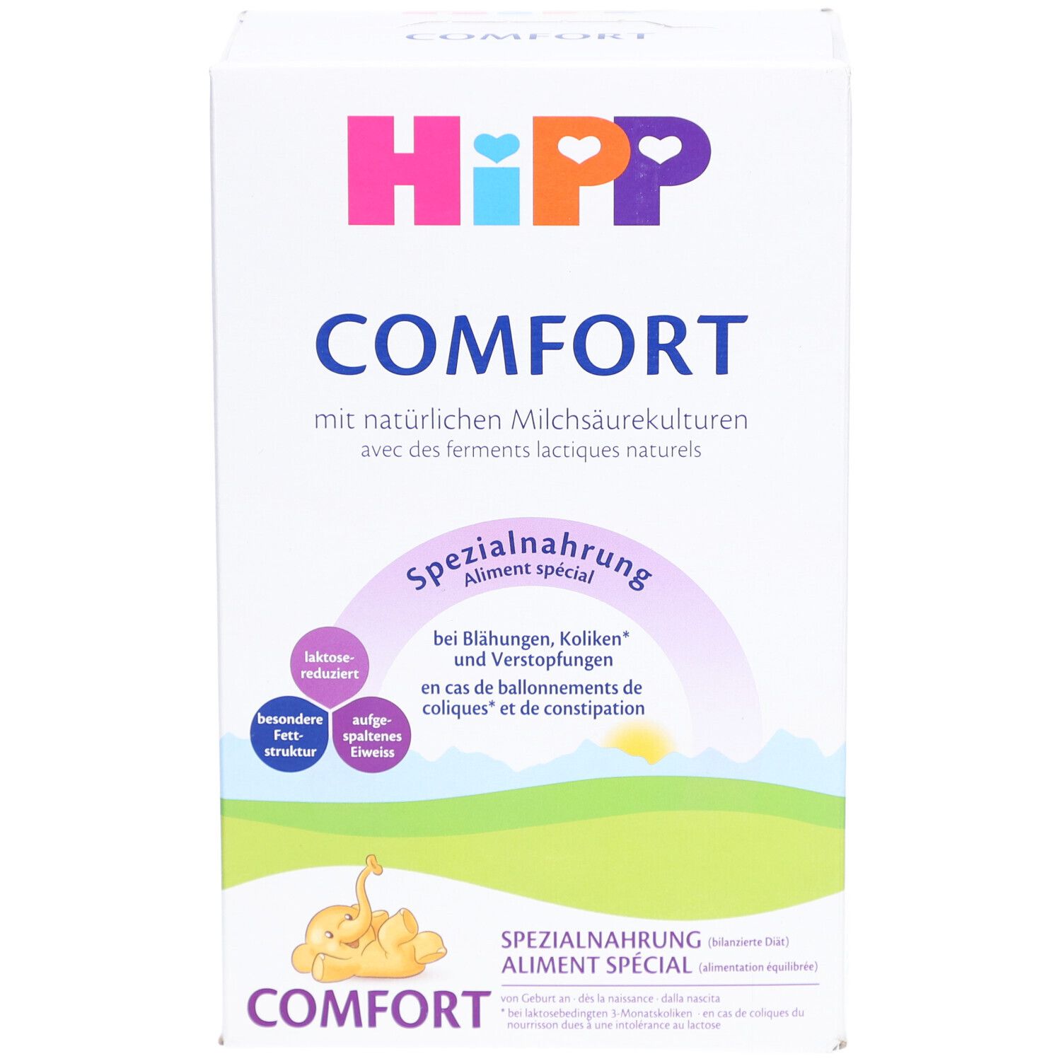 HiPP Comfort Spezialnahrung-Packung. Weiß, mit Logo und Produktbezeichnungen. Text in Deutsch und Französisch. Abbildung eines Babys.