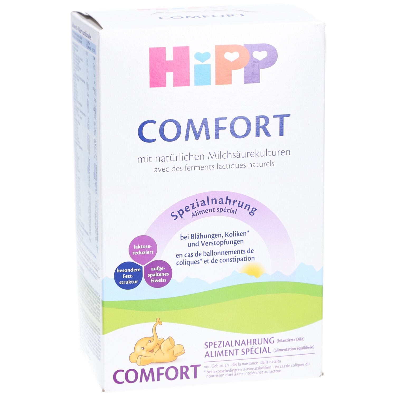 HiPP Comfort Spezialnahrung-Packung. Weiß, mit Logo und Produktbezeichnungen. Text in Deutsch und Französisch. Abbildung eines Babys.