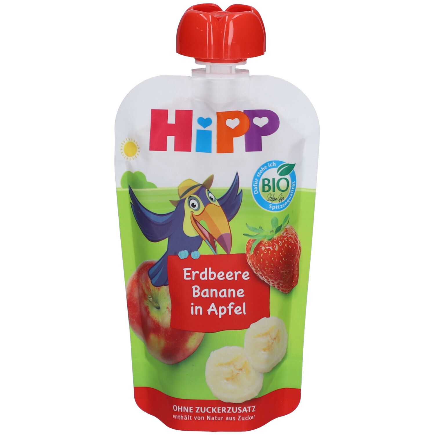 Quetschbeutel mit Erdbeere, Banane, Apfel. Logo und Text: HiPP Bio Fruchtpüree. Abbildung von Früchten und Vogel.