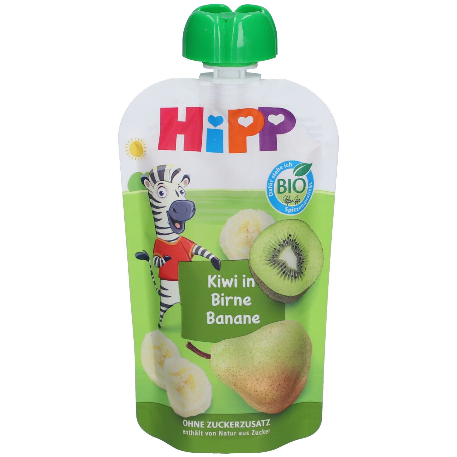 Sachet de purée HiPP Kiwi Birne Banane avec logo et illustration zébrée. Label bio visible.