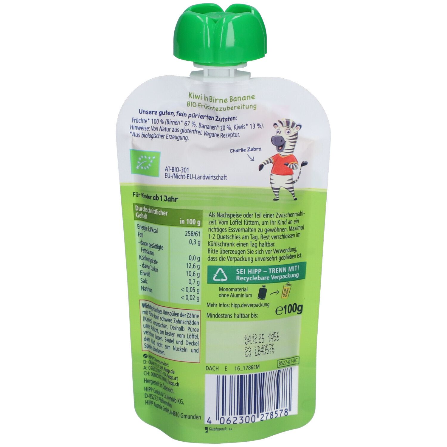 Dos du sachet avec informations nutritionnelles, ingrédients et label bio. Illustration zébrée.