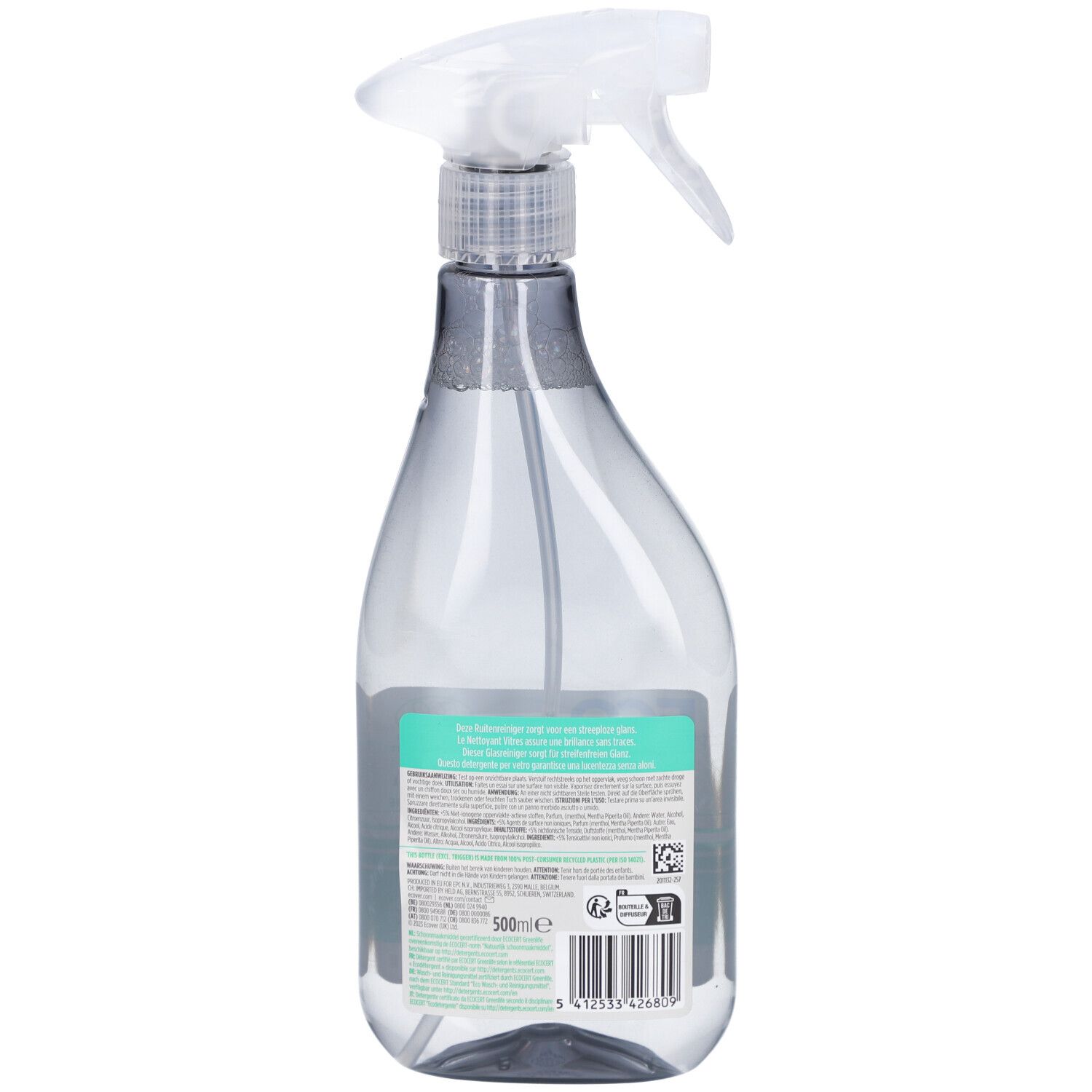 Rückansicht der Sprühflasche. Etikett mit Text und Logo. Aufschrift: ECOVER. Grünes Etikett mit Produktinformationen.