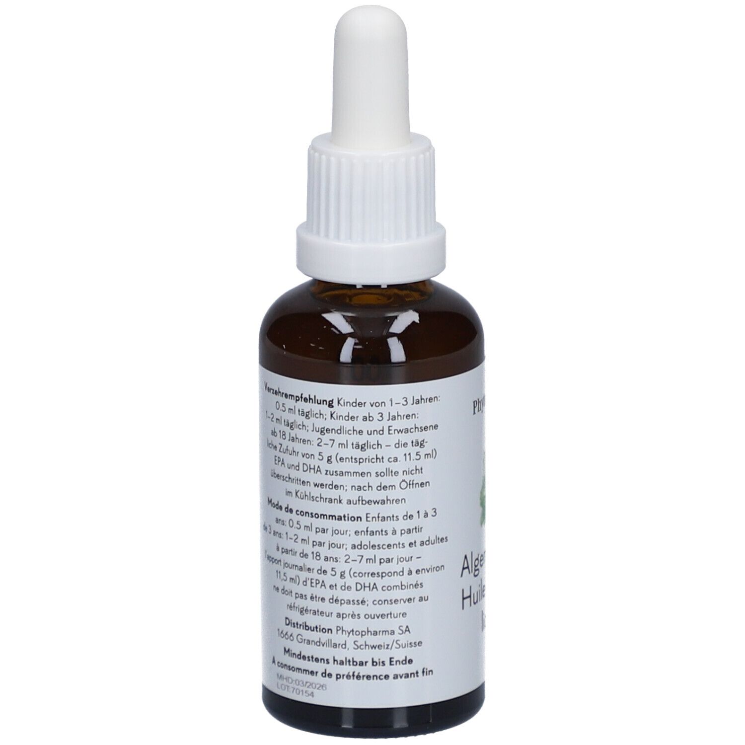 Braune Glasflasche mit weißem Deckel und Pipette. Etikett mit Produktinformationen. Vegan-Siegel. Rückansicht.
