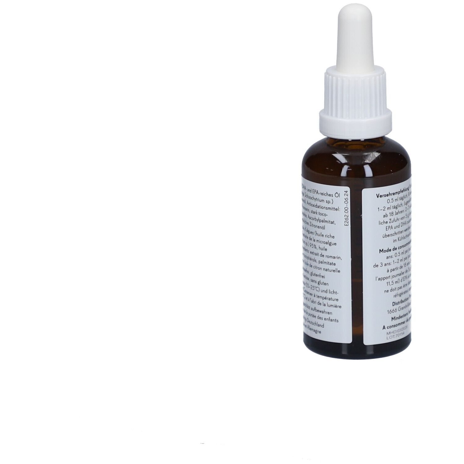 Braune Glasflasche mit weißem Deckel und Pipette. Rückseite mit Produktinformationen. Leerer Hintergrund.
