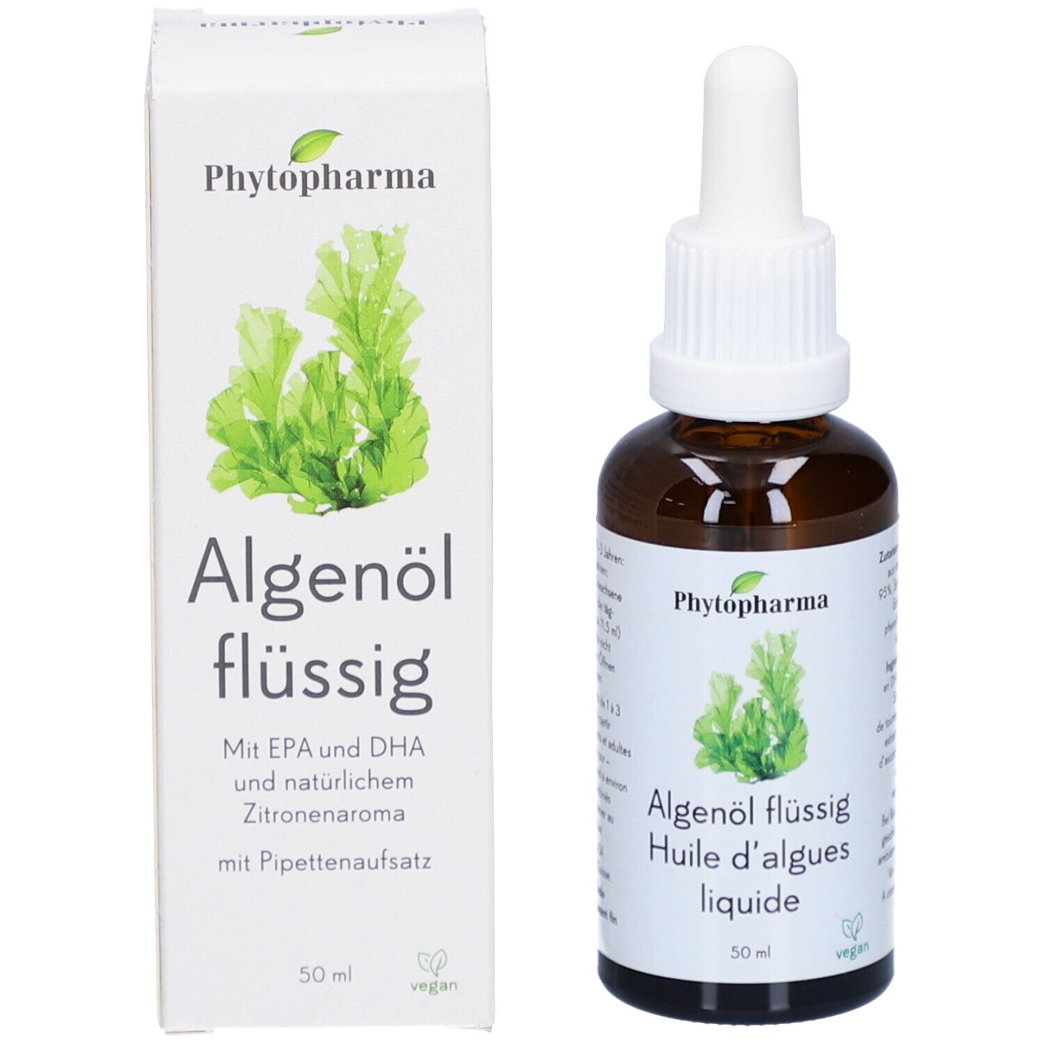 Produktflasche und Verpackung. Flasche mit Pipette, Verpackung mit Produktnamen und Algen-Illustration. Vegan-Siegel.