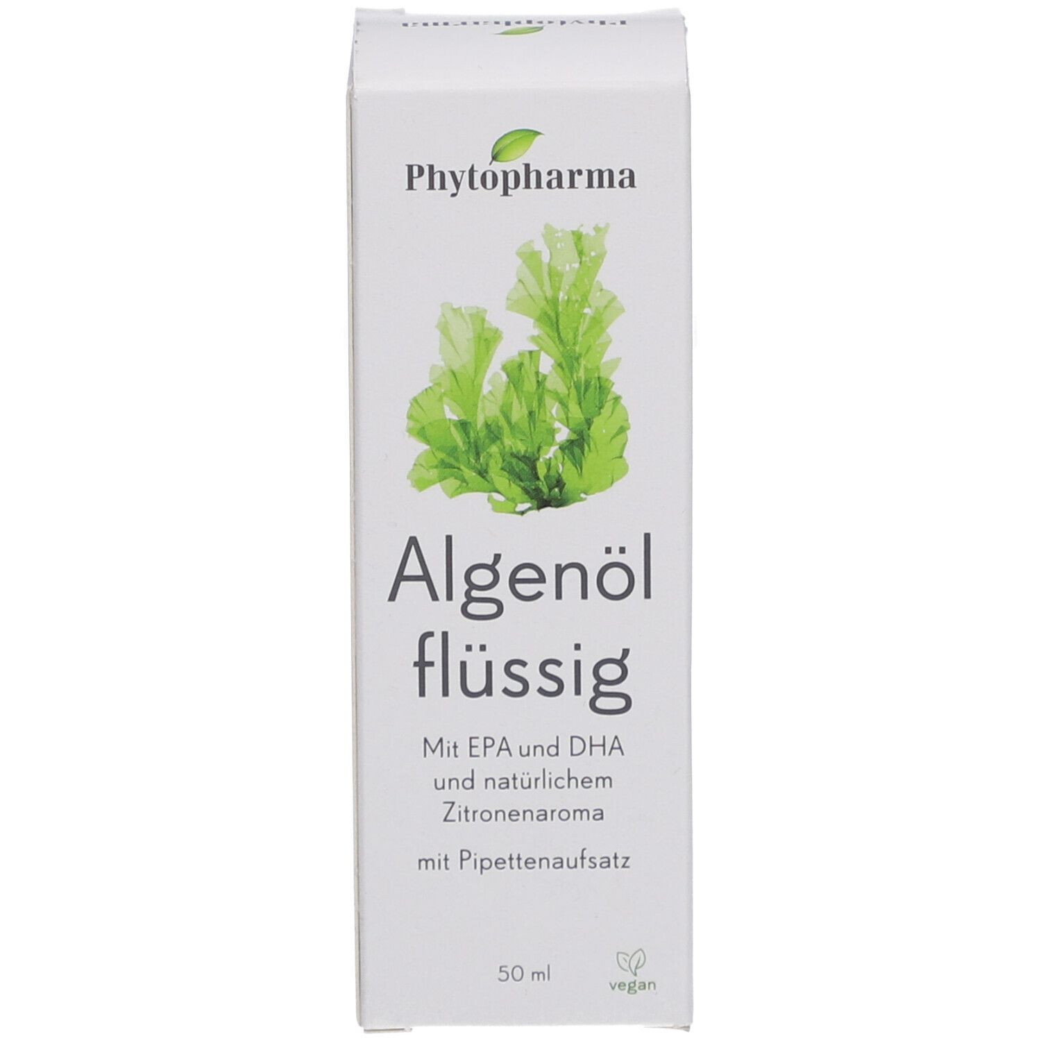Produktverpackung. Produktname, Algen-Illustration und Vegan-Siegel. Mit Pipettenaufsatz.