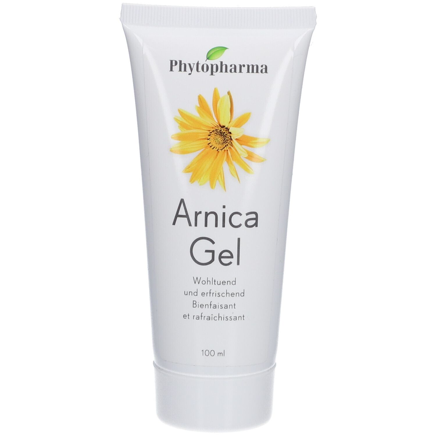 Weiße Tube mit gelbem Blütenmotiv und Schriftzug. Produktname: Arnika Gel. Marke: Phytopharma. 100 ml.