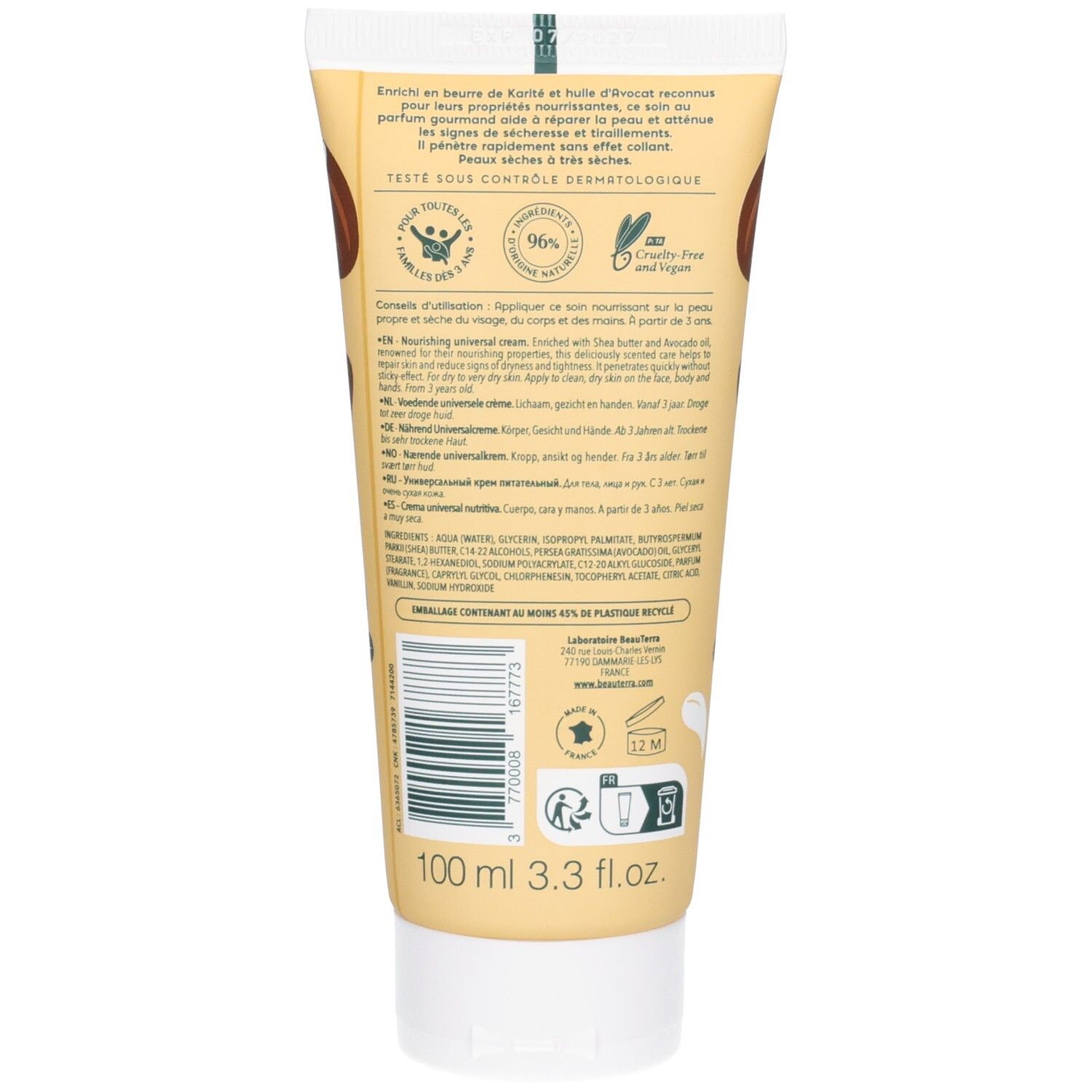 Rückseite der Beauterra Creme Universelle Tube. Text: Nährende Universalcreme. Mit Sheabutter. 96% Inhaltsstoffe natürlichen Ursprungs. Vegan.