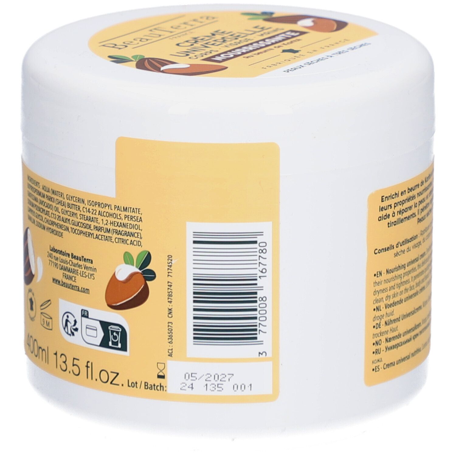 Seite des weißen Tiegels. Barcode und Inhaltsstoffe. 400ml. Mindestens haltbar bis 05/2027.
