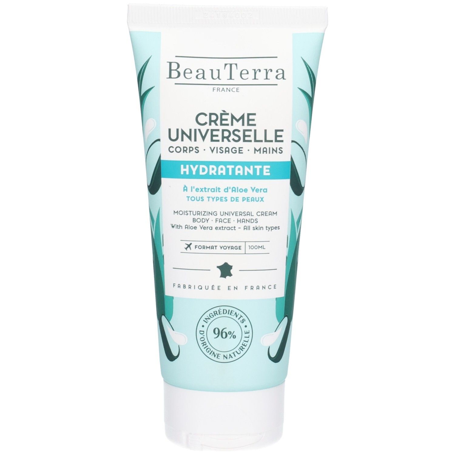 Tube mit Creme, hellblau. Aufschrift: Crème Universelle, Hydratante. Mit Aloe Vera Extrakt. 96% Inhaltsstoffe natürlichen Ursprungs.