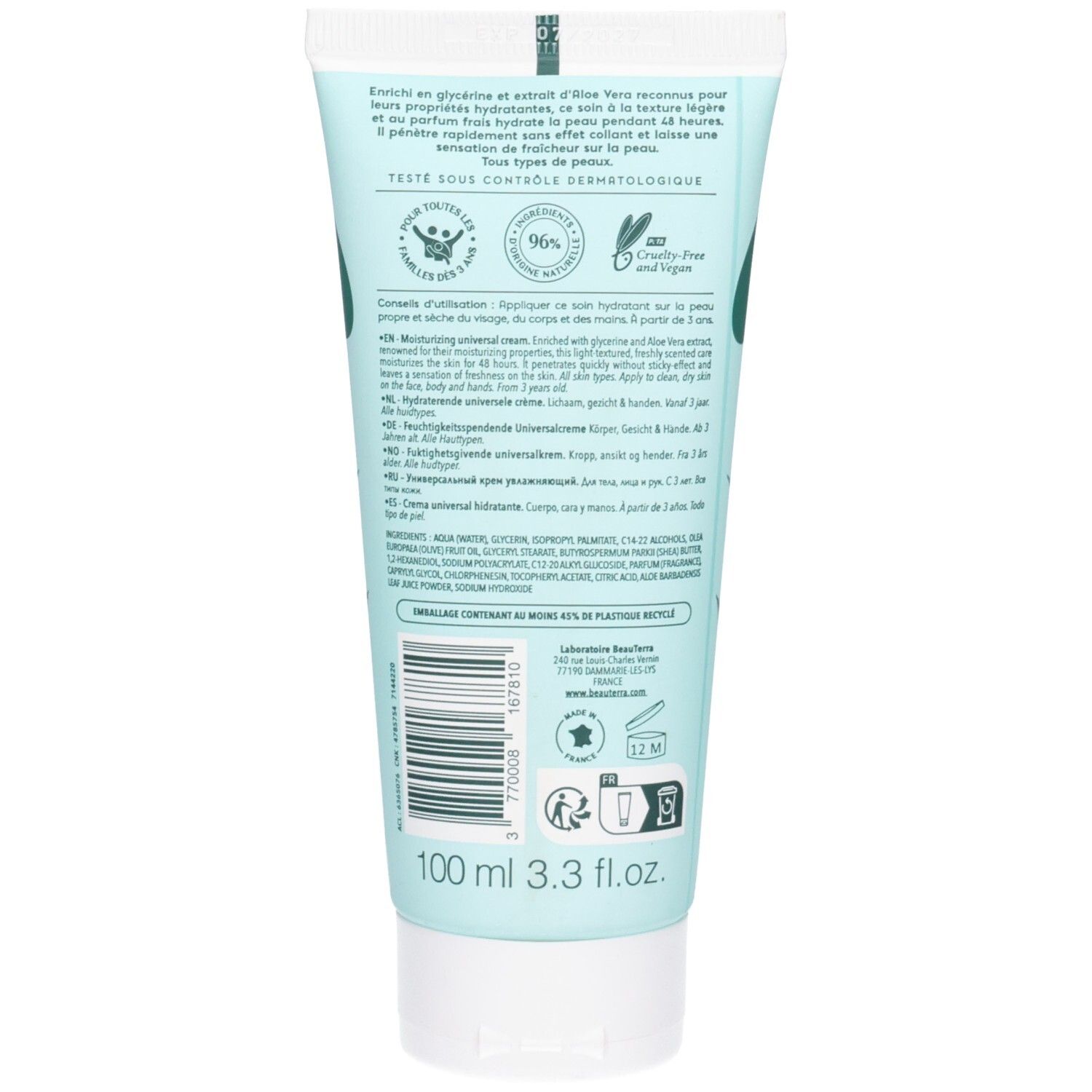 Rückseite der Creme-Tube. Text in mehreren Sprachen. Enthält Informationen zur Anwendung und Inhaltsstoffe. 100 ml.