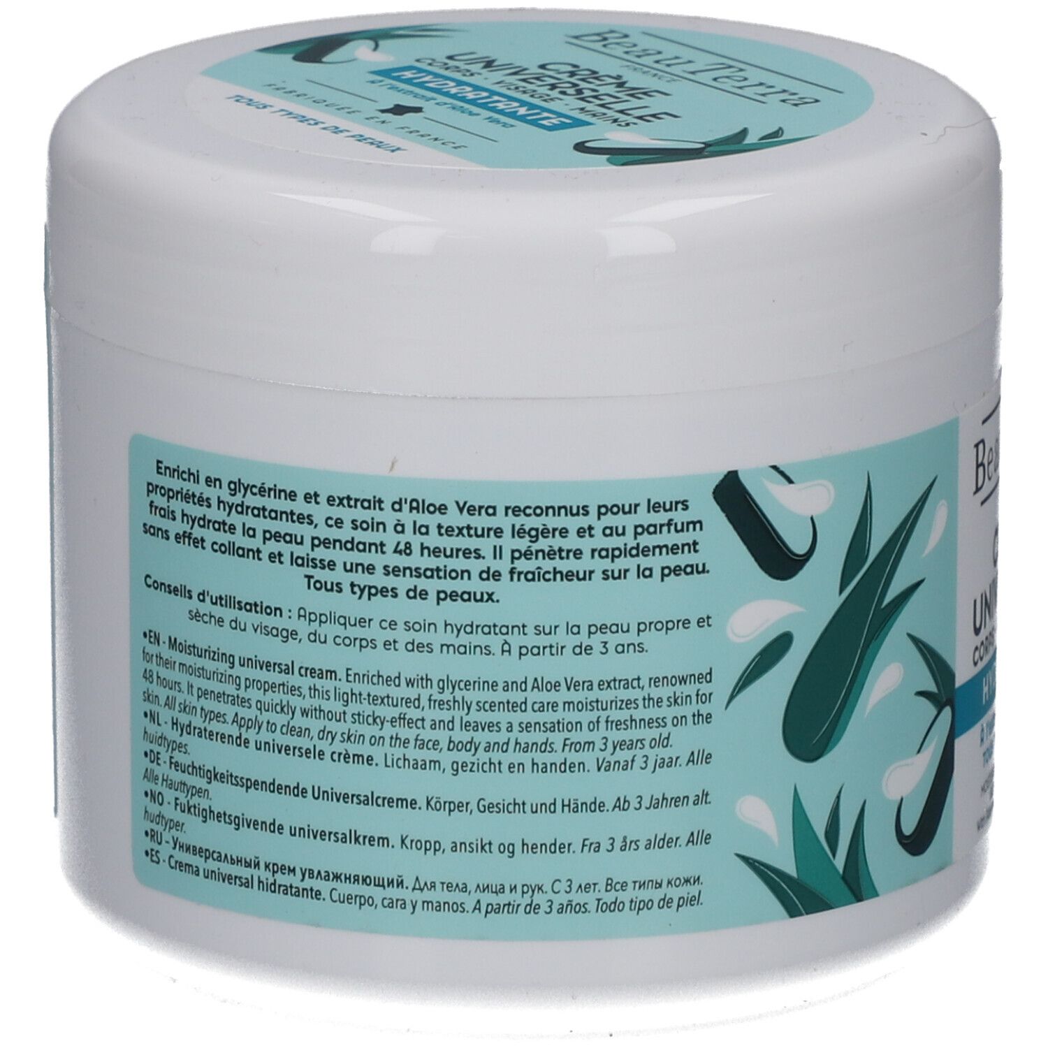 Rückseite des weißen Tiegels. Text: Angereichert mit Glycerin und Aloe Vera. Für alle Hauttypen. Anwendungshinweise in mehreren Sprachen.