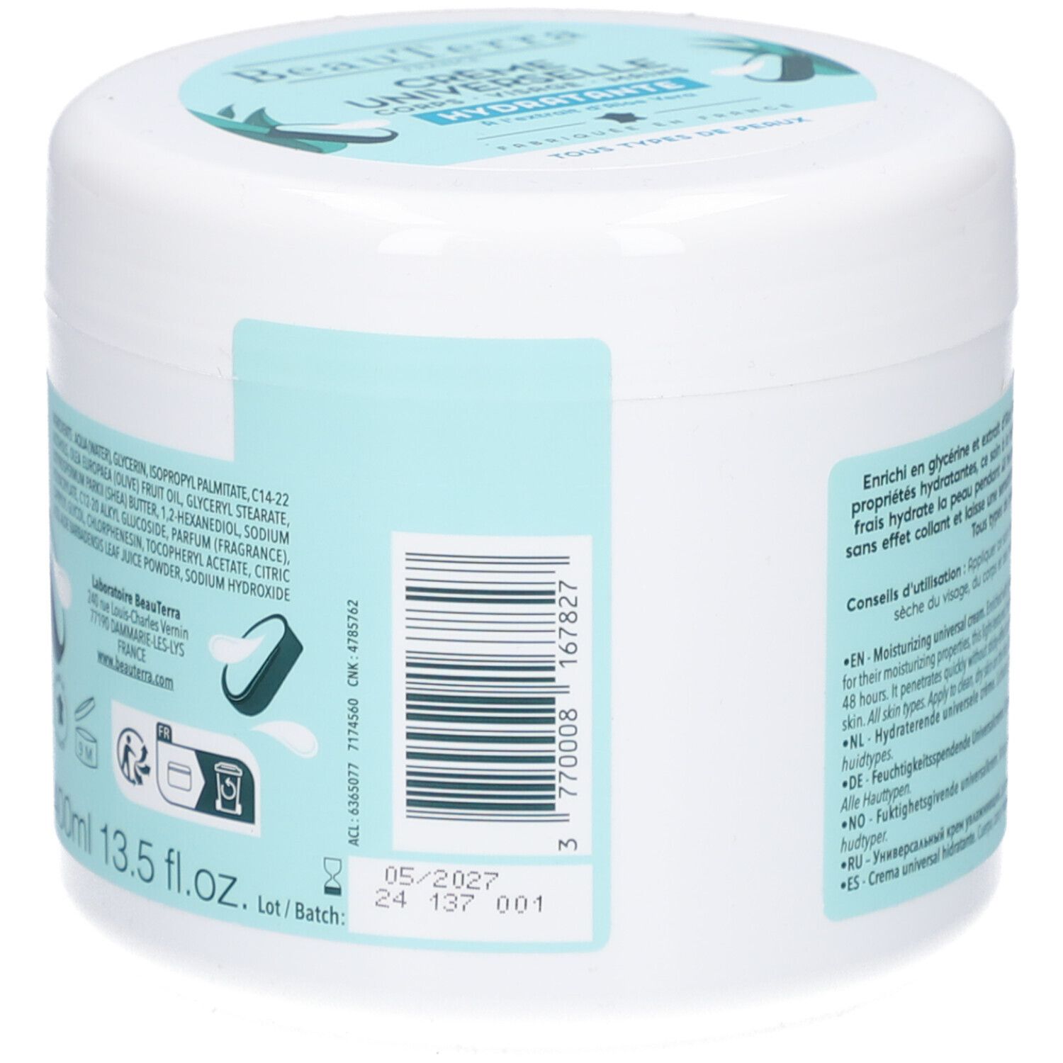 Rückseite des weißen Tiegels. Text: Inhaltsstoffe, Chargennummer, Mindesthaltbarkeitsdatum. Barcode. 400ml.