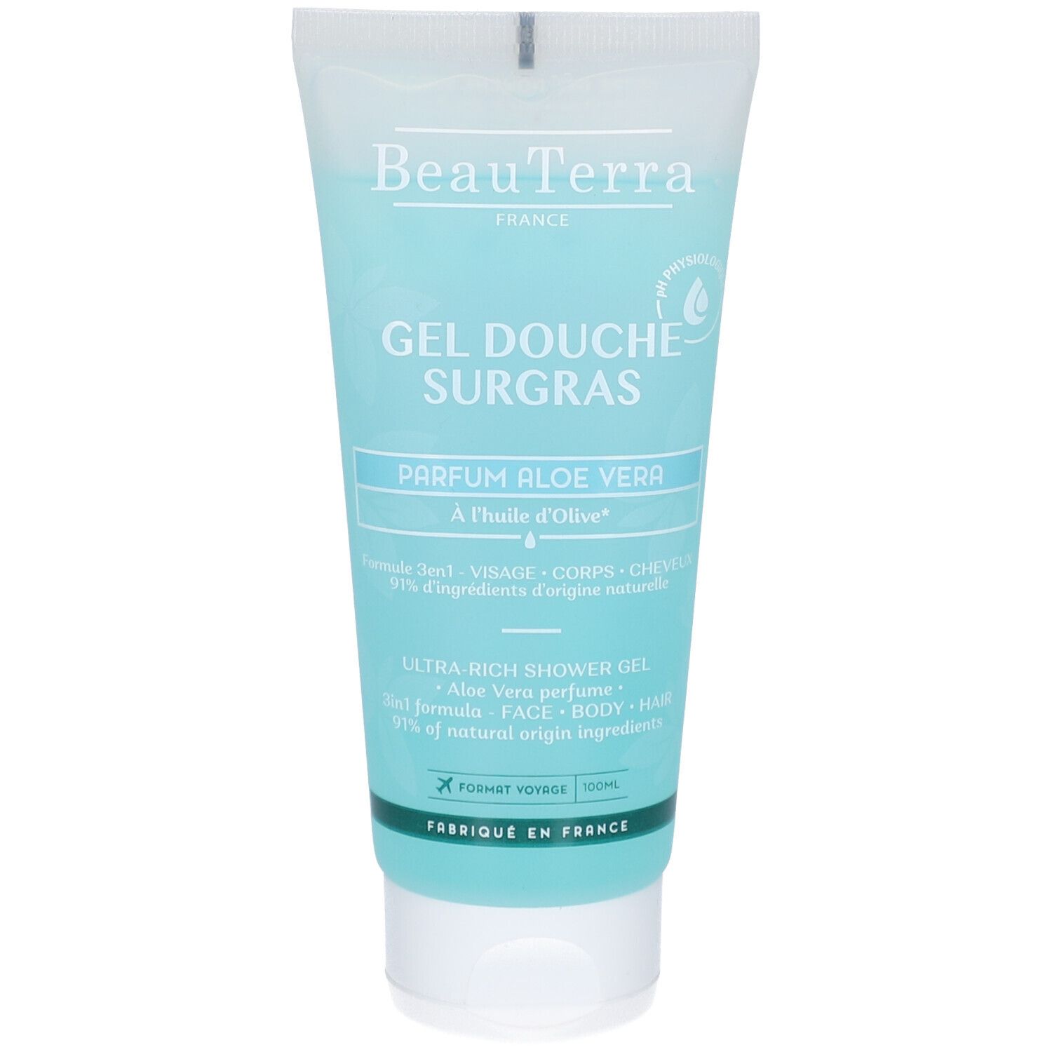 Weiß-türkisfarbene Tube. Aufschrift: BeauTerra, Gel Douche Surgras, Parfum Aloe Vera. Mit Olivenöl. 100ml.