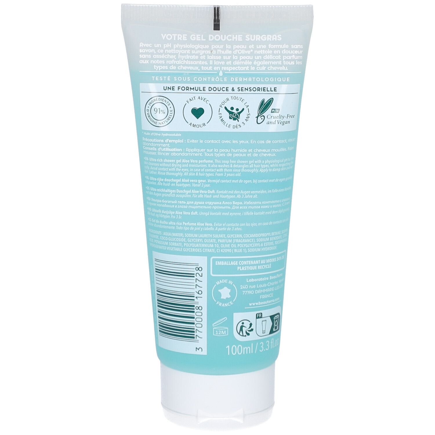 Rückseite der Tube. Text: Votre gel douche surgras. Mit Logos: 91% Inhaltsstoffe natürlichen Ursprungs, vegan.