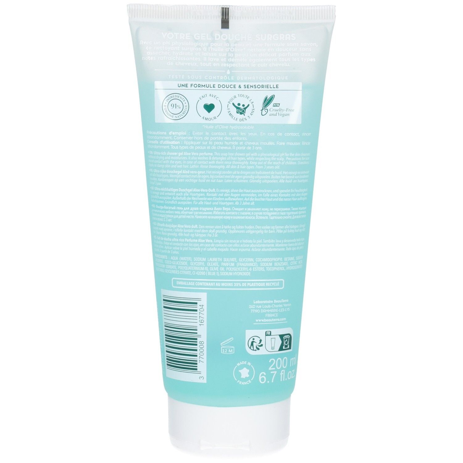 Rückseite der Beauterra Duschgel-Tube. Text: Gel Douche Surgras. Inhaltsstoffe, Zertifizierungen. Volumen: 200 ml.
