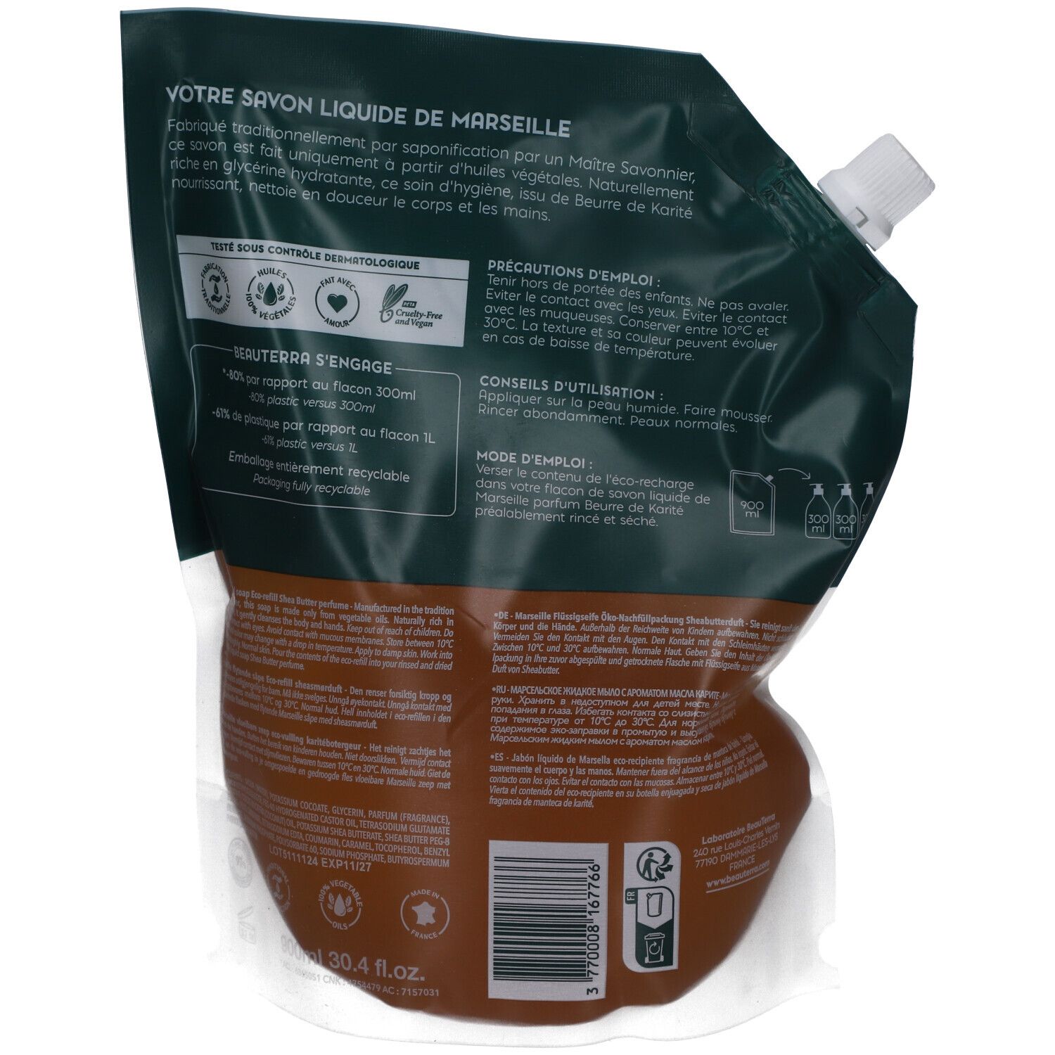 Rückseite der Nachfüllpackung. Grün-braune Verpackung mit Text. Text: Votre Savon Liquide de Marseille, Marseille Liquid Soap.