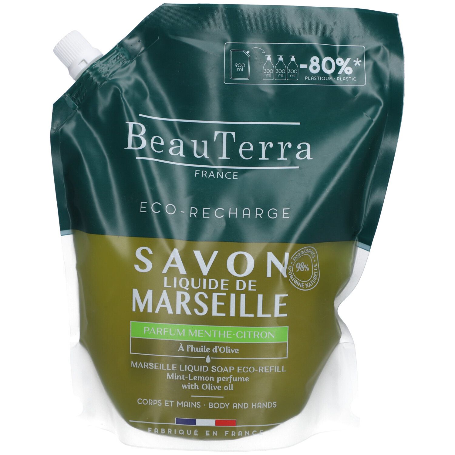 Nachfüllpackung Flüssigseife. Grün-weiße Verpackung mit Produktnamen und Logo. Text: Savon de Marseille, Parfum Menthe Citron.
