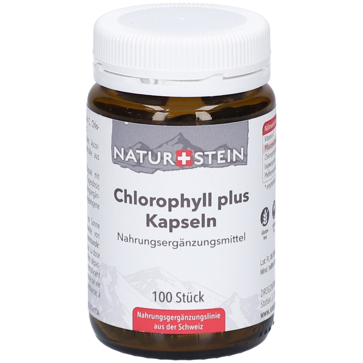 Flacon en verre brun avec bouchon blanc. Étiquette "NATURSTEIN Chlorophyll plus Kapseln". 100 pièces. Complément alimentaire.
