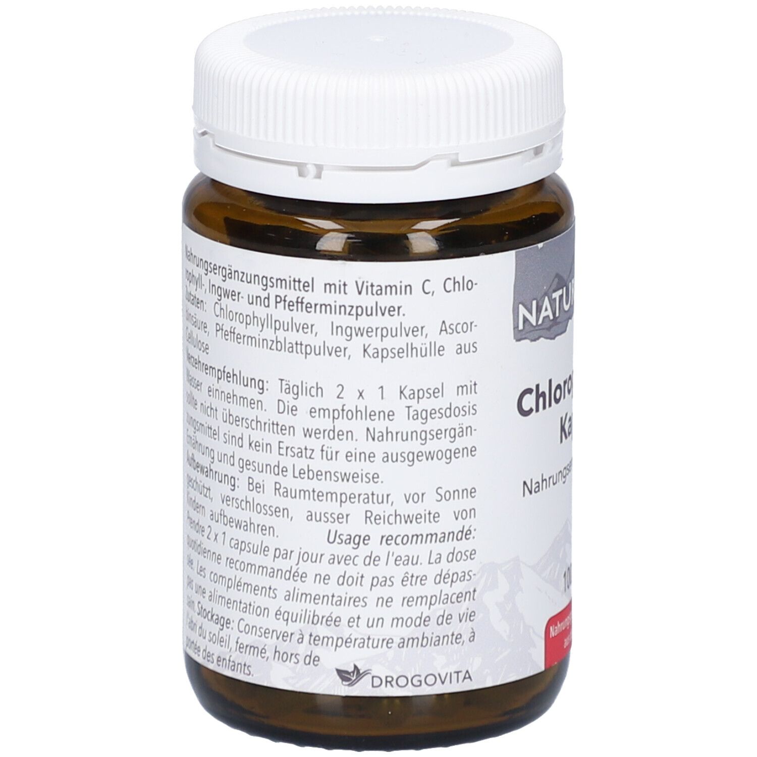 Flacon en verre brun avec bouchon blanc. Étiquette avec ingrédients et dosage. "NATURSTEIN Chlorophyll plus Kapseln".