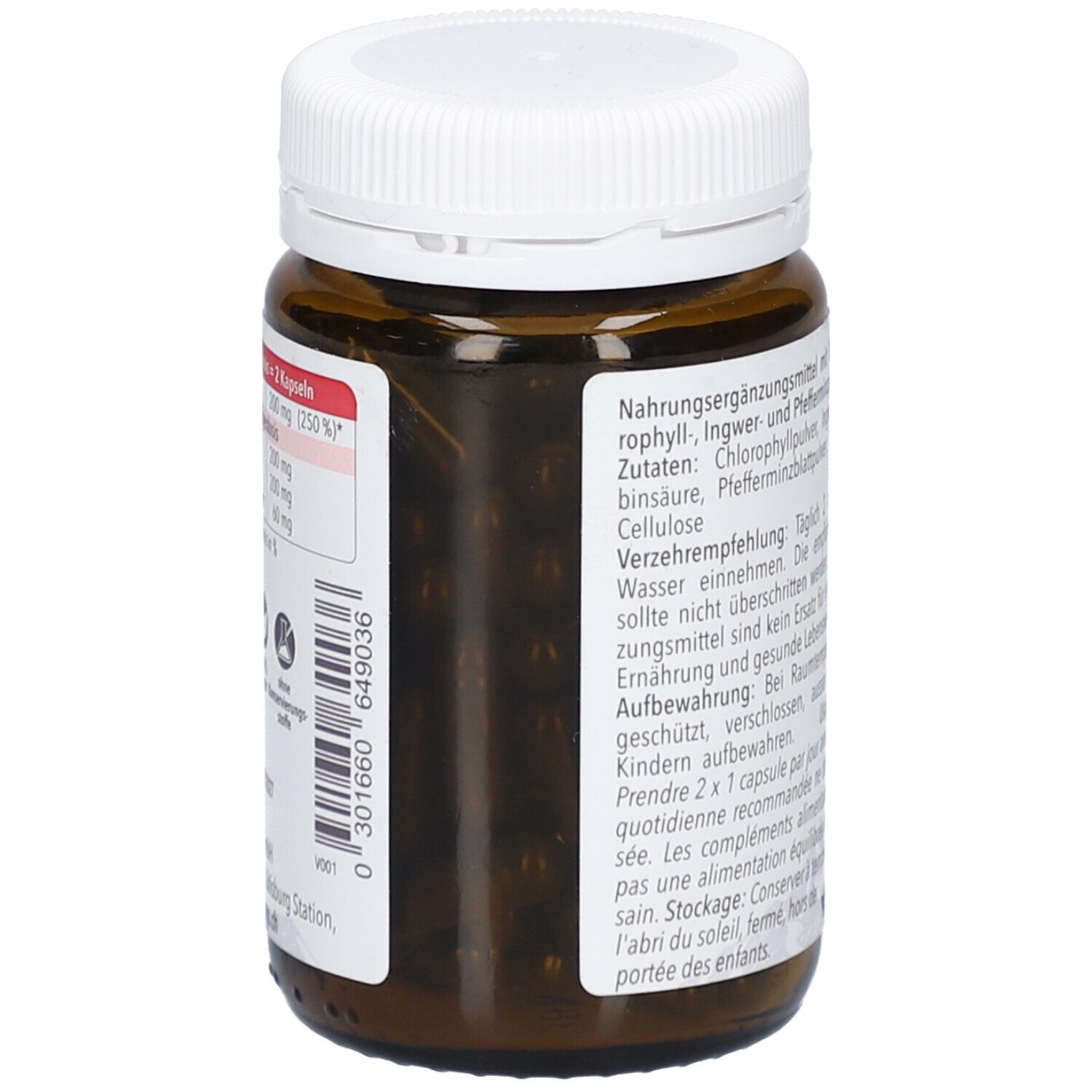 Flacon en verre brun avec bouchon blanc. Étiquette avec ingrédients et valeurs nutritionnelles. "NATURSTEIN Chlorophyll plus Kapseln".